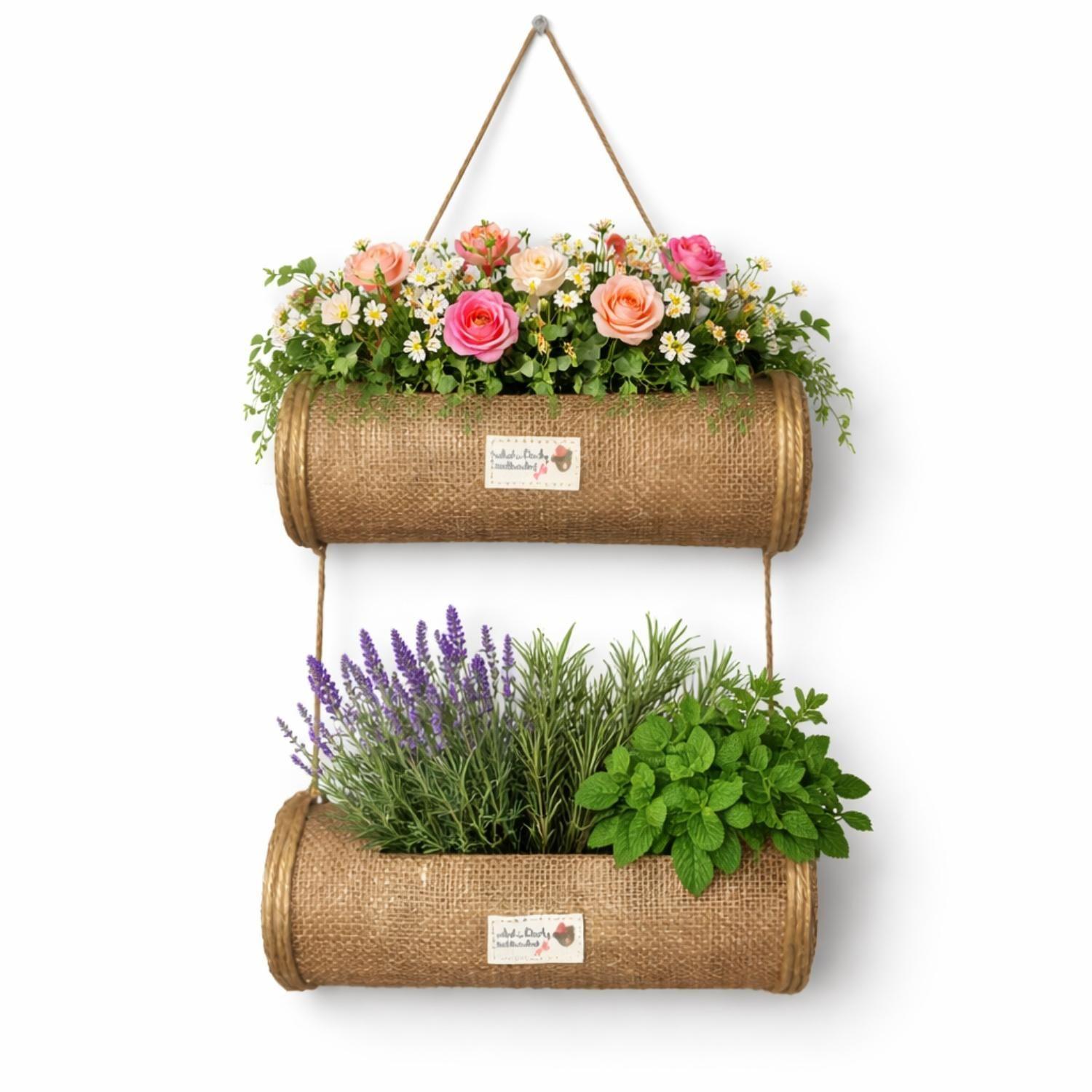 Maceta Macetero Colgante Cesta Yute 2 Niveles Jardinera-5