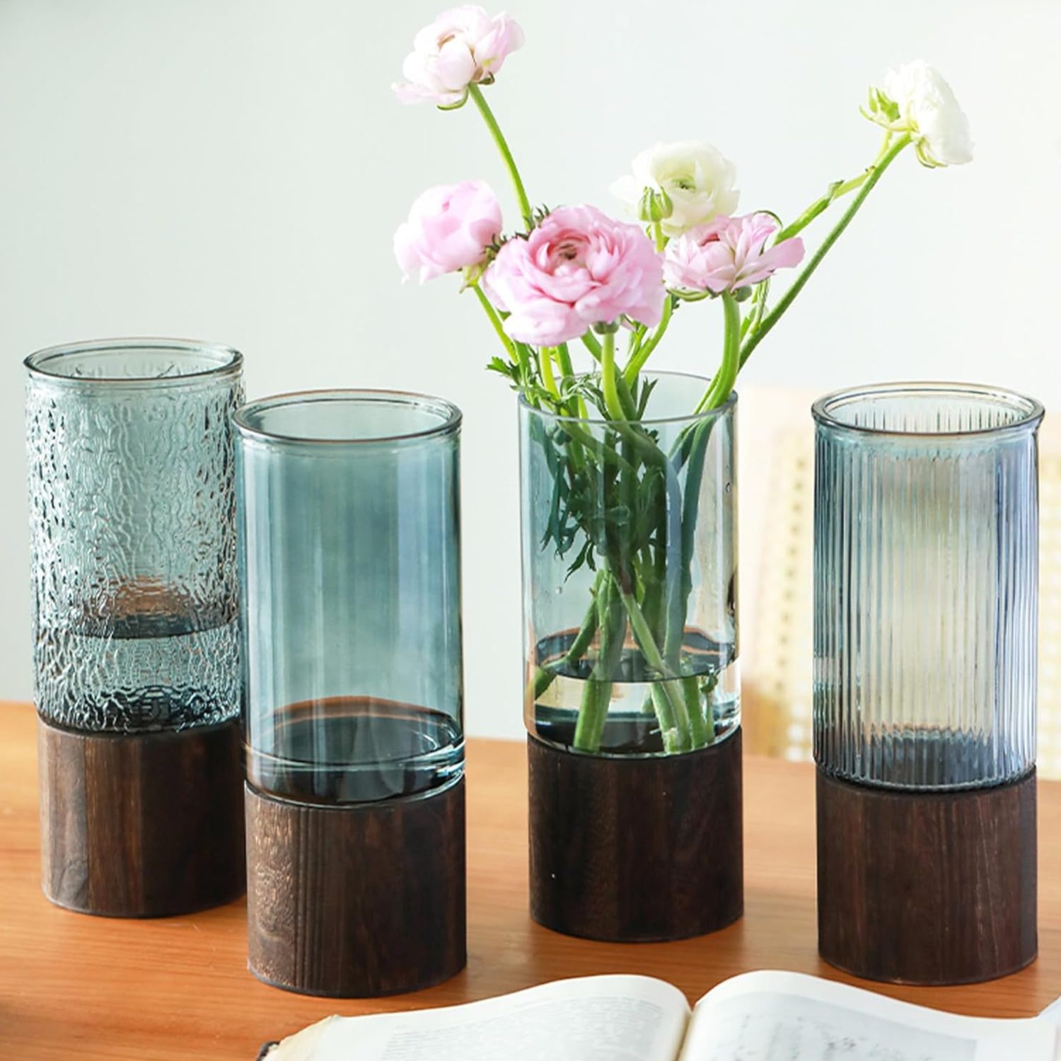 Florero Decorativo De Vidrio Cristal Con Diseño Base Madera-4