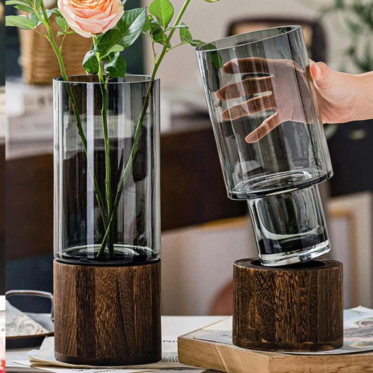 Florero Decorativo De Vidrio Cristal Con Diseño Base Madera-5