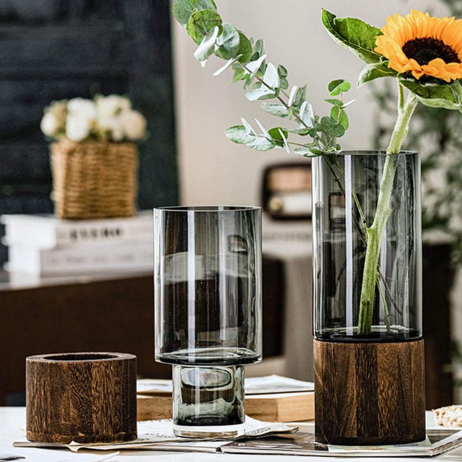 Florero Decorativo De Vidrio Cristal Con Diseño Base Madera-6