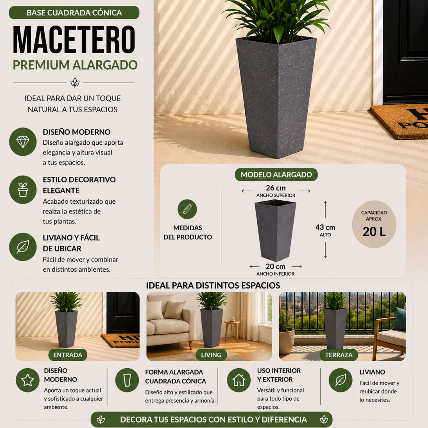 Macetero Plastico Alargado Premium Base Cuadrada Conica-4