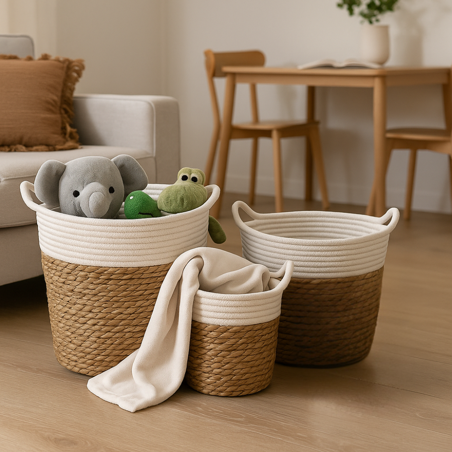 Canasto Cesta Yute Algodón Tejido Estilo Rustico Con Asas L-5