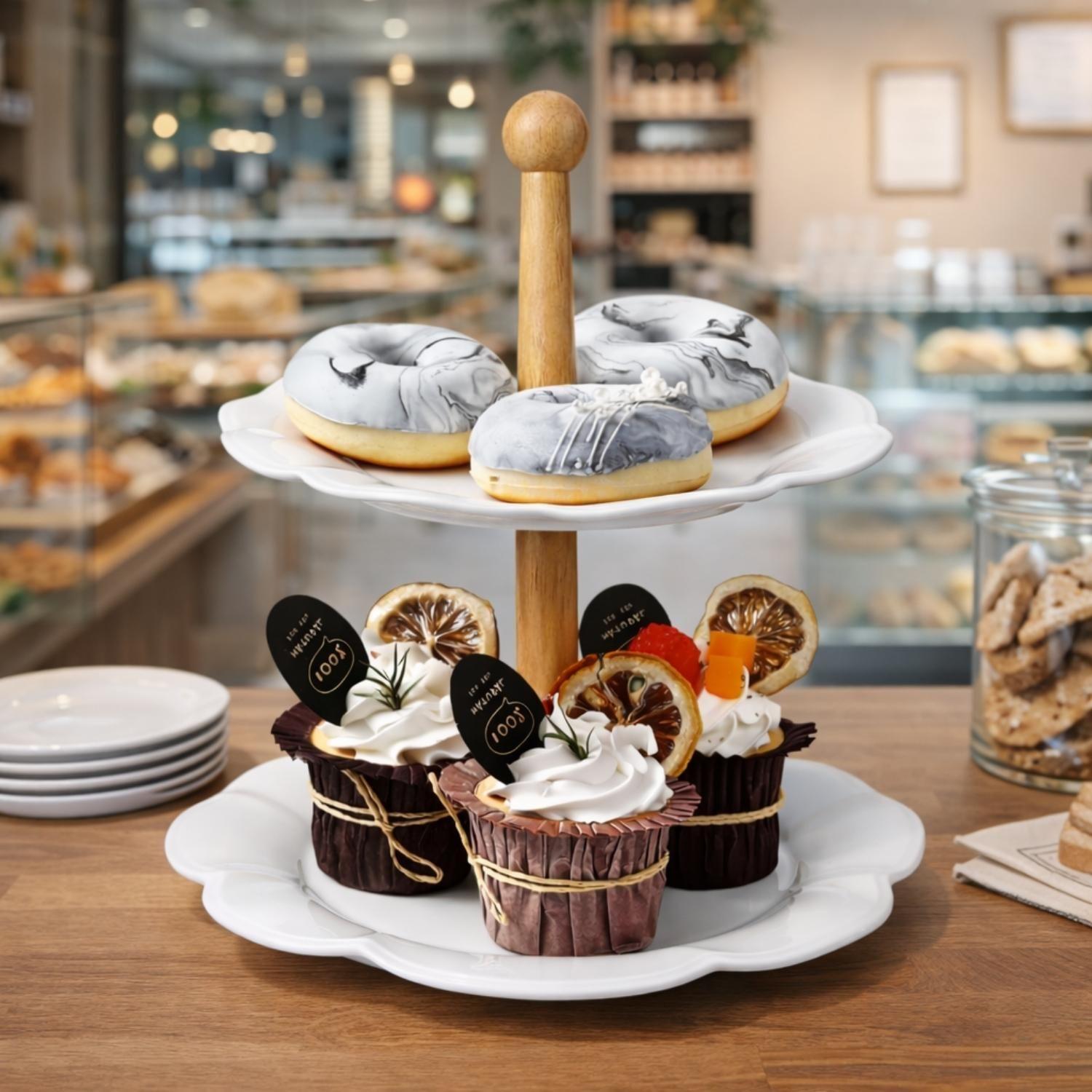 Porta Torta Cupcake Soporte Torre Bandeja Madera Porcelana-3