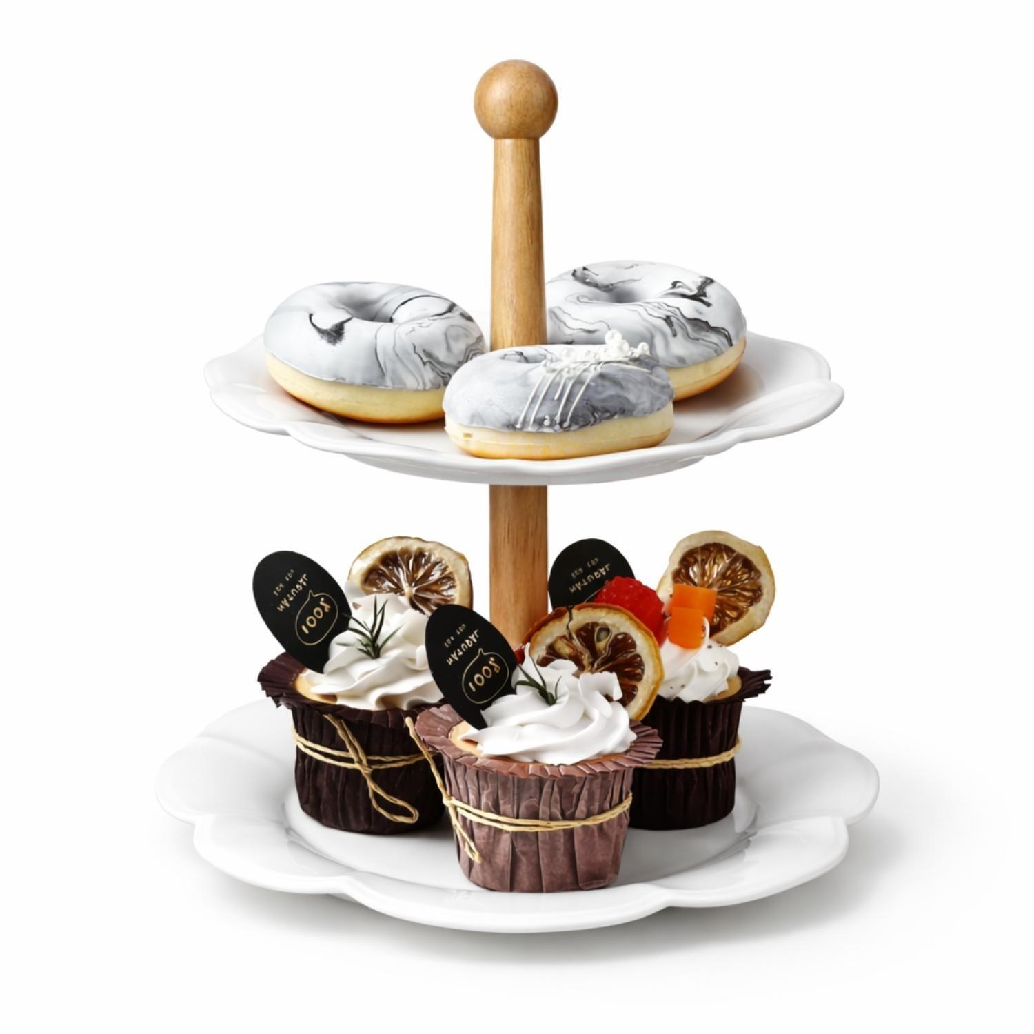 Porta Torta Cupcake Soporte Torre Bandeja Madera Porcelana-5