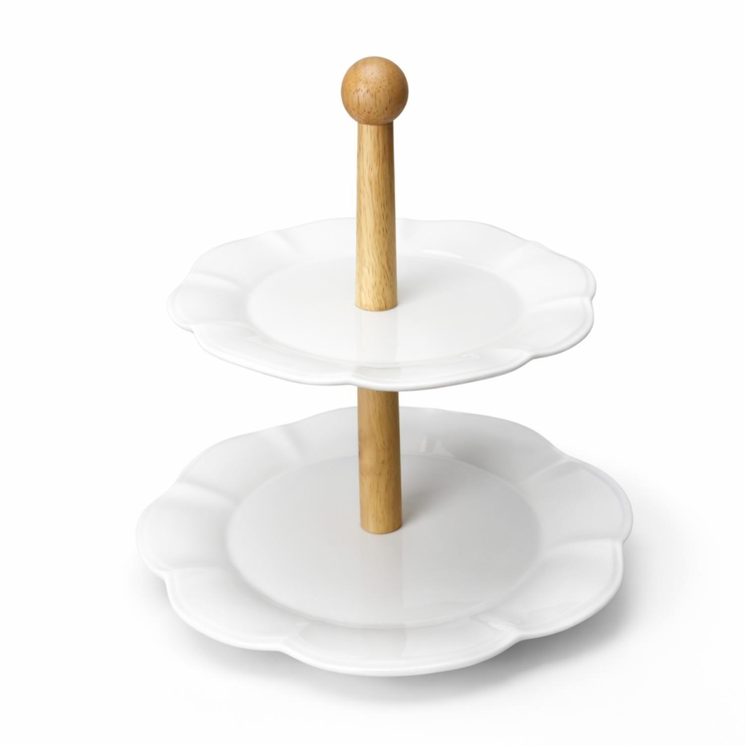 Porta Torta Cupcake Soporte Torre Bandeja Madera Porcelana-6