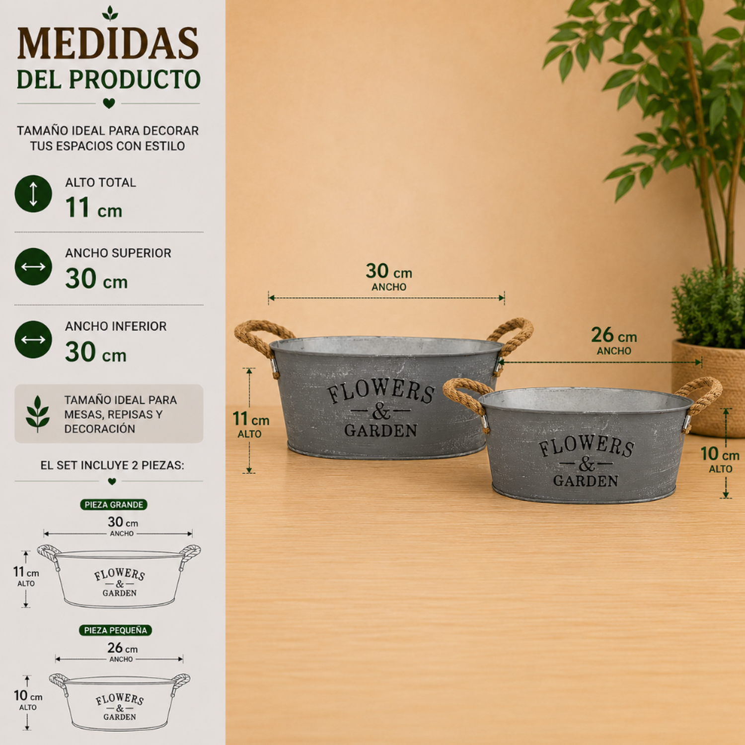 Set 2 Macetero Metalico Gris Ovalado Decorativo Con Asas-4