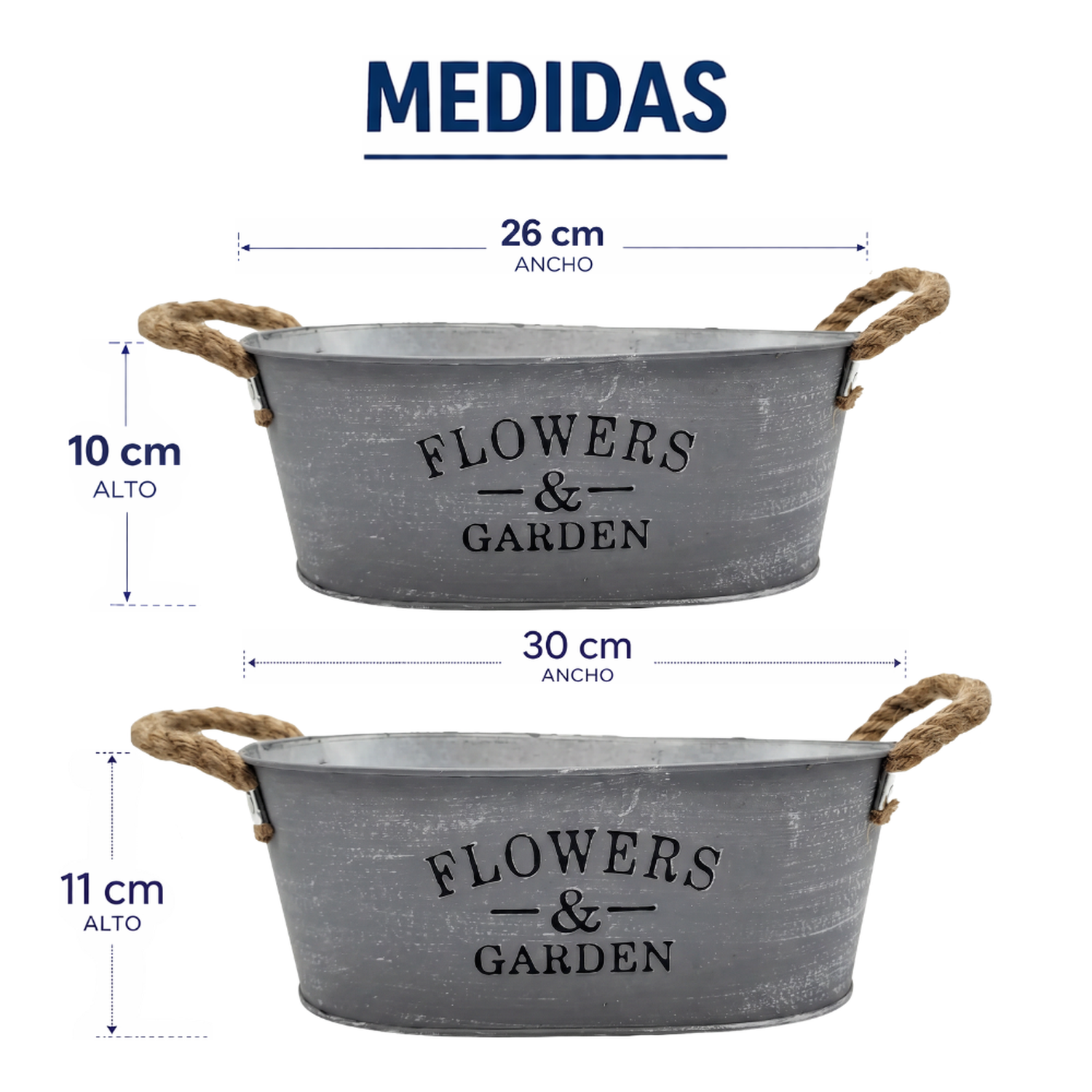 Set 2 Macetero Metalico Gris Ovalado Decorativo Con Asas-6