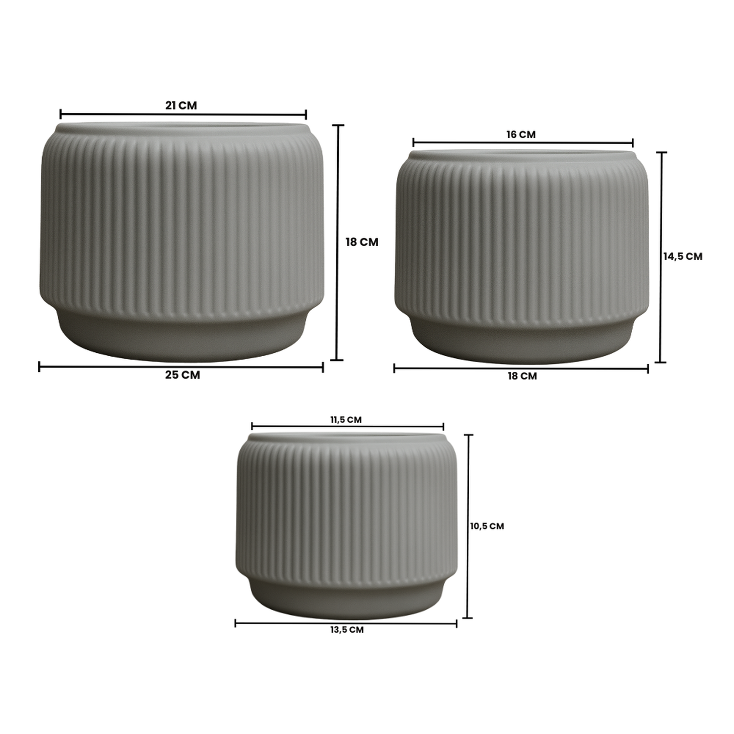 Set 3 Maceteros De Ceramica Gris Mate Textura Acanalada-3