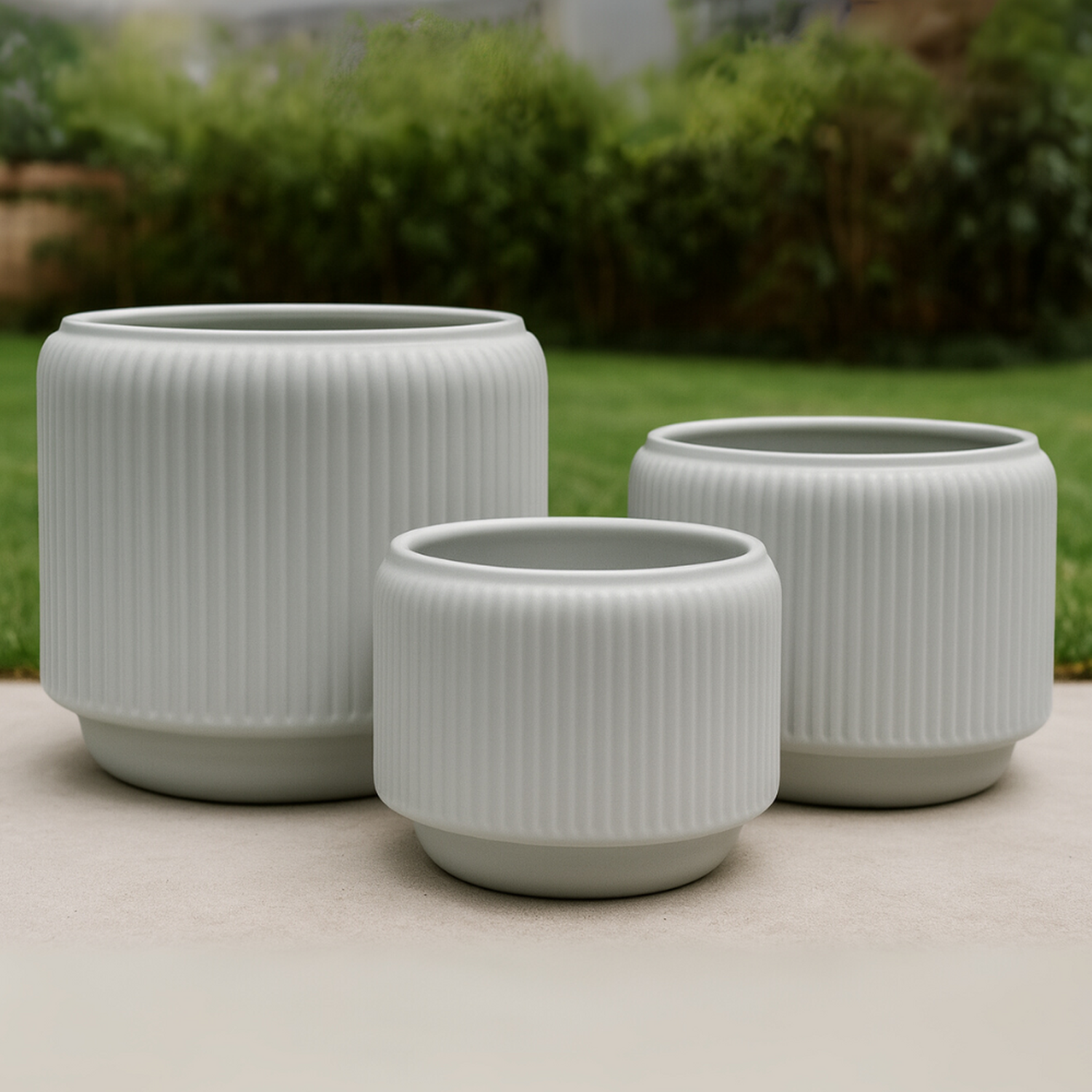 Set 3 Maceteros De Ceramica Gris Mate Textura Acanalada-4