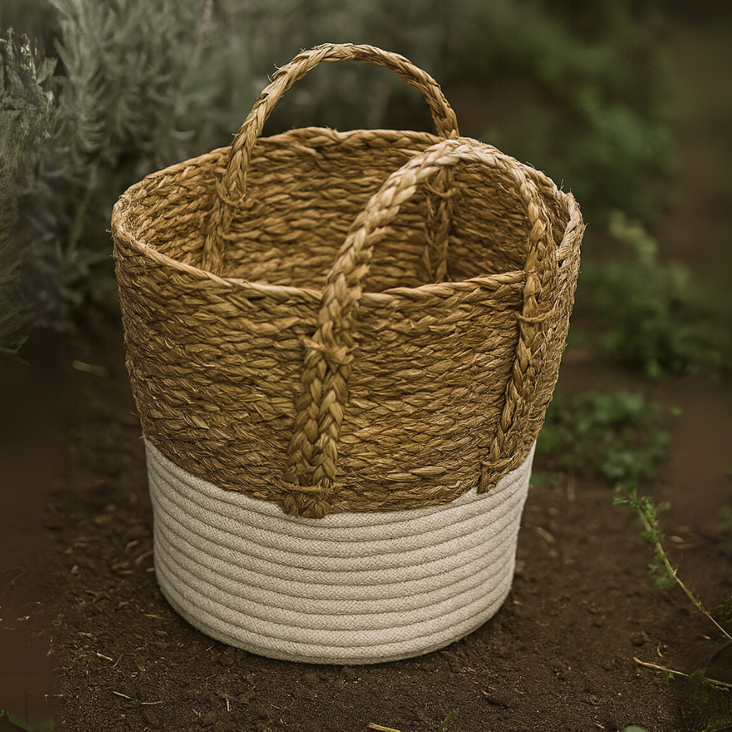 Canastos Cesta Algodón Tejido Nudo Color Blanco Asas L-3
