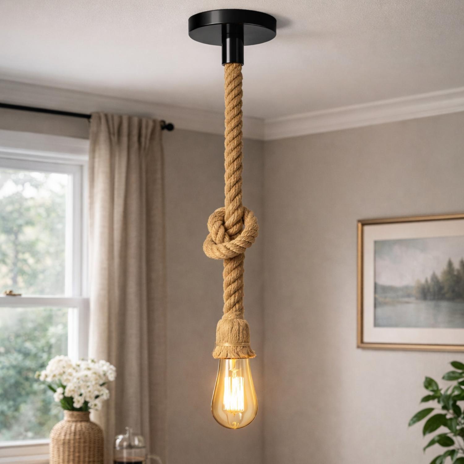 Lampara Colgante De Techo Vintage Cuerda Soga Rustica E27-2
