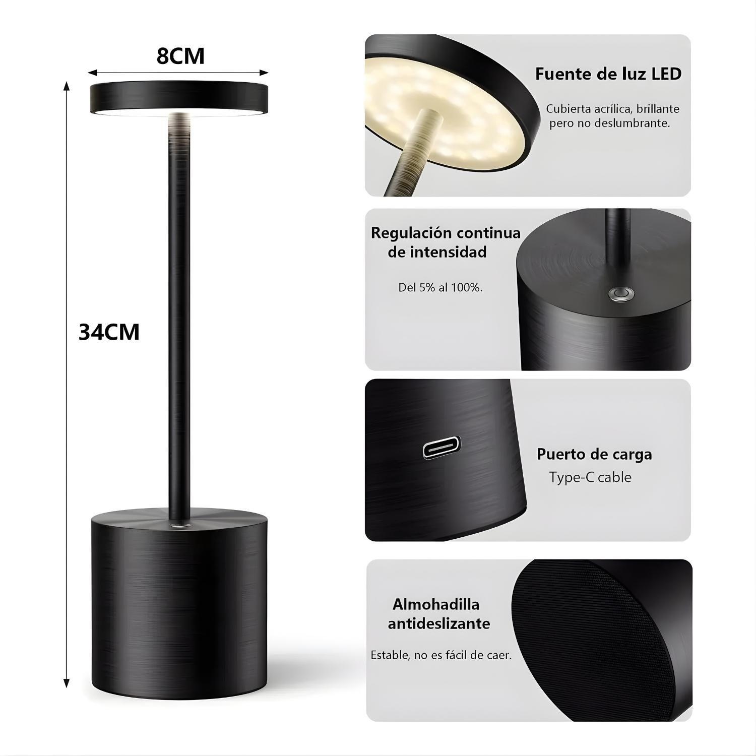 Lampara LED Tactil Metal Negro Velador Mesa Inalambrica USB-4