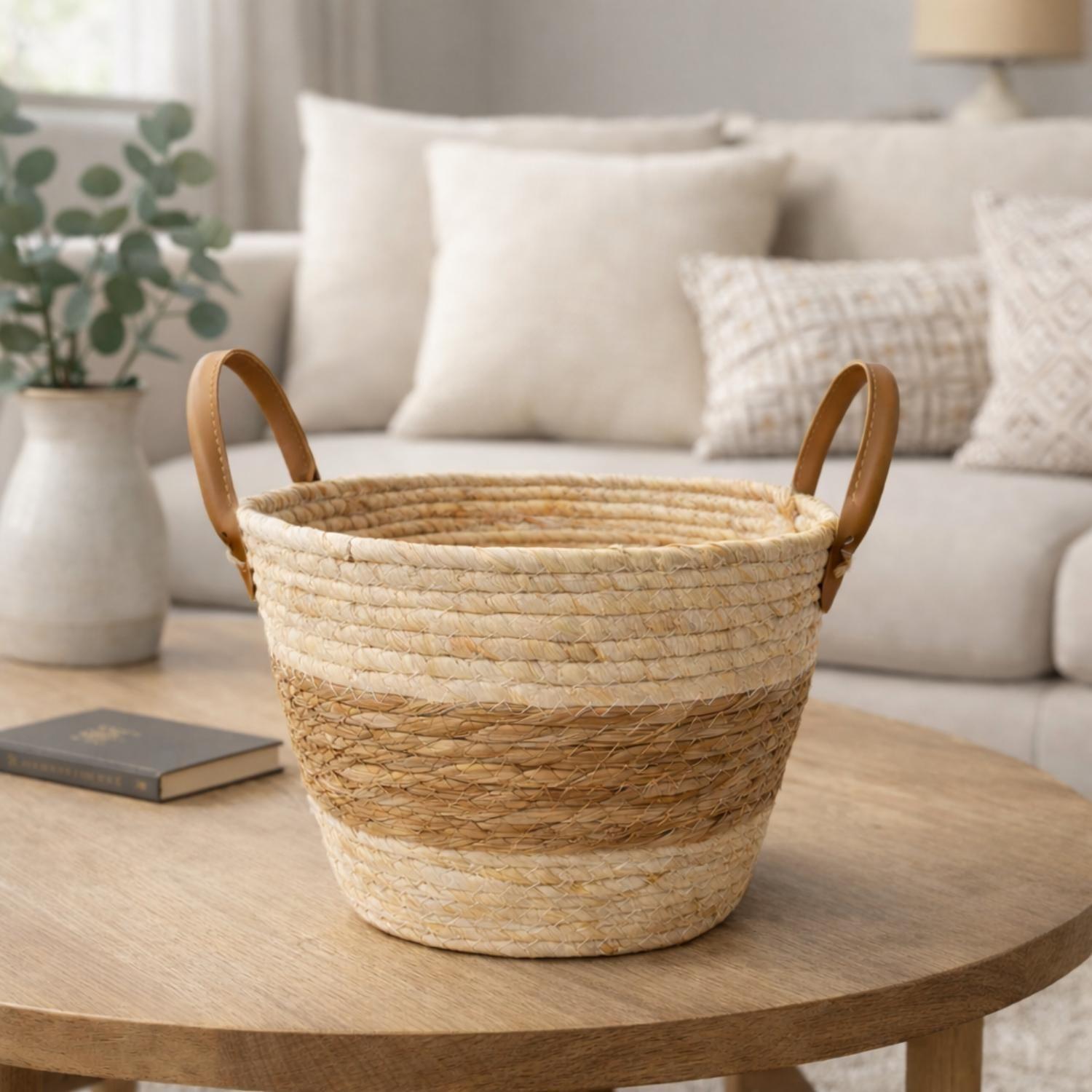 Canasto Cesta Yute Almacenamiento Organizadora Beige Asas-1