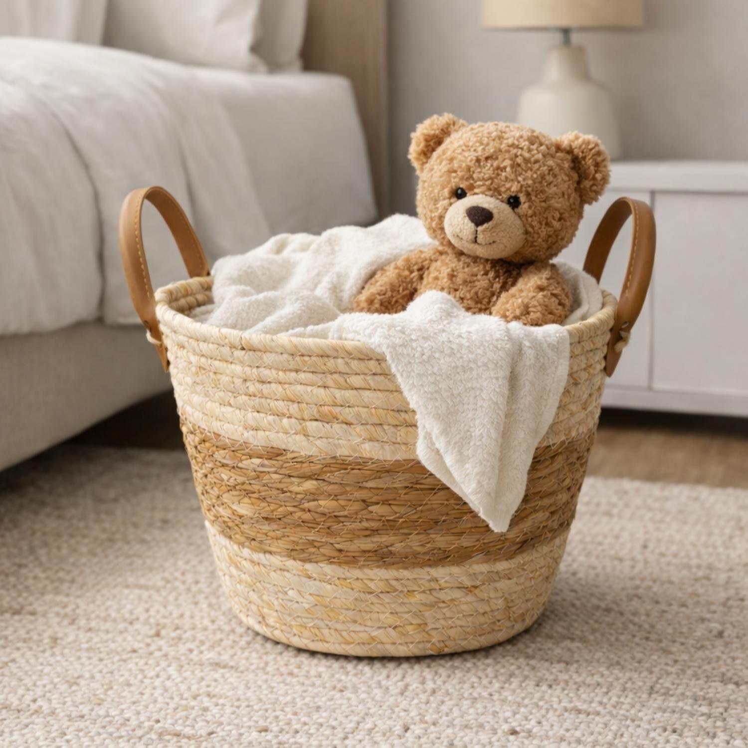 Canasto Cesta Yute Almacenamiento Organizadora Beige Asas-3