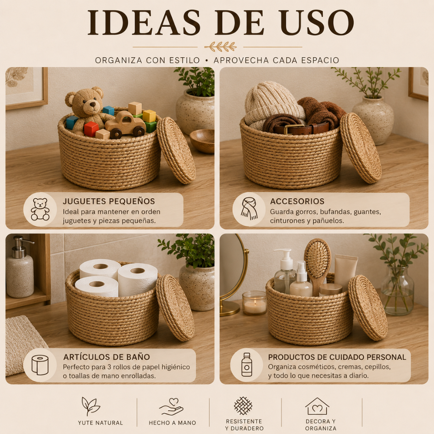 Canasto Cesta De Yute Tejida Con Tapa Acabado Rustico M-4