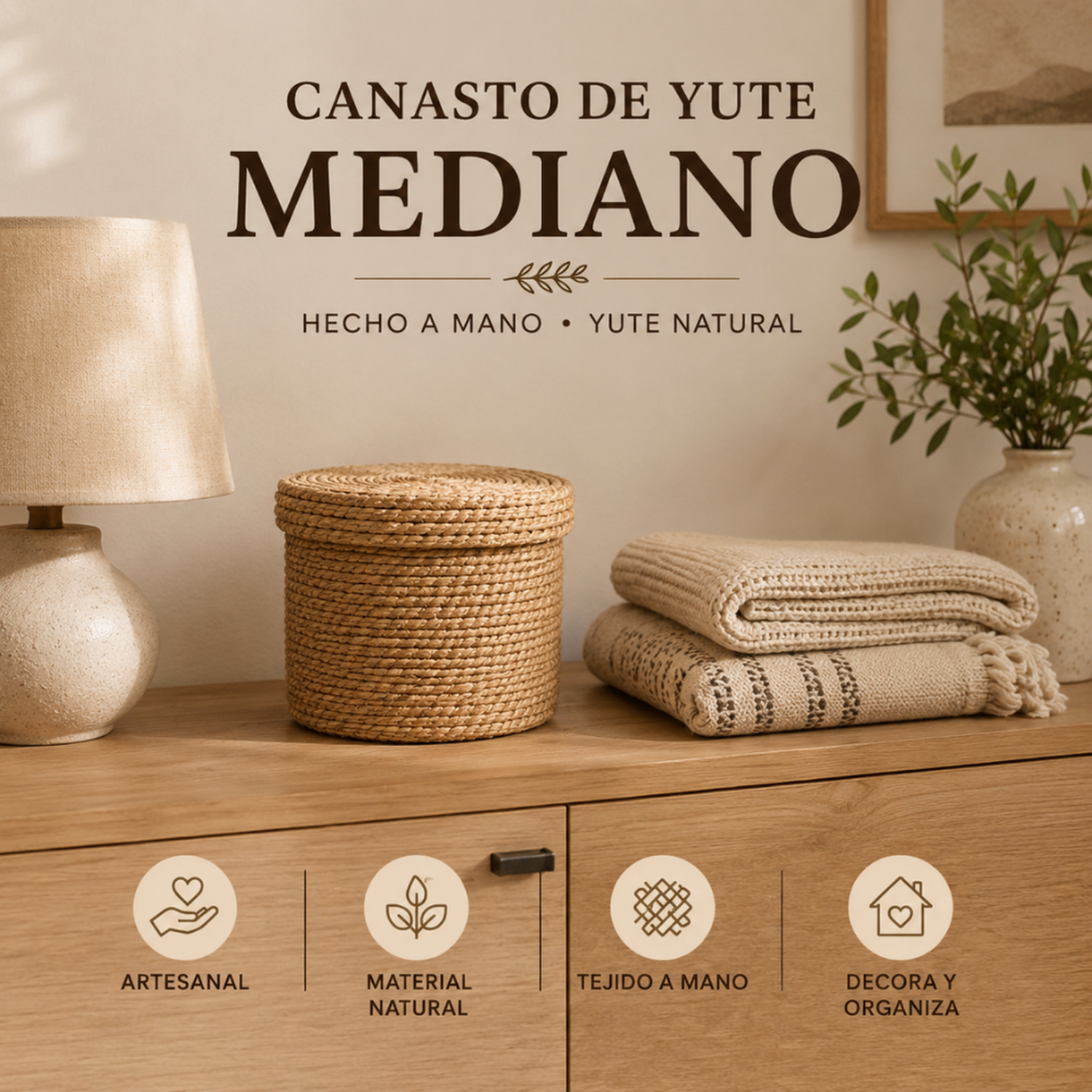 Canasto Cesta De Yute Tejida Con Tapa Acabado Rustico M-5