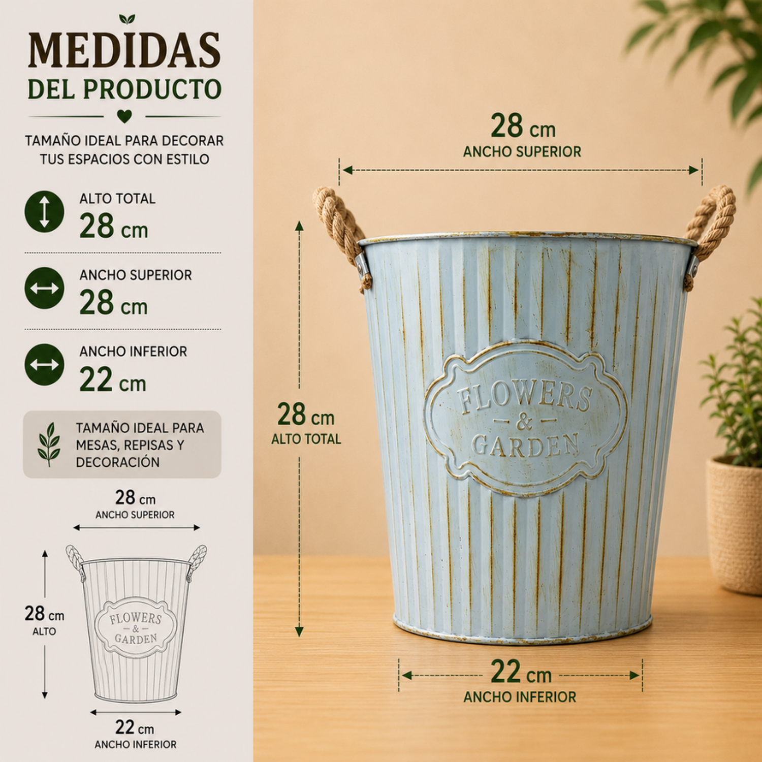 Macetero Metalico Celeste Decorativo Con Asas Jardín L-3