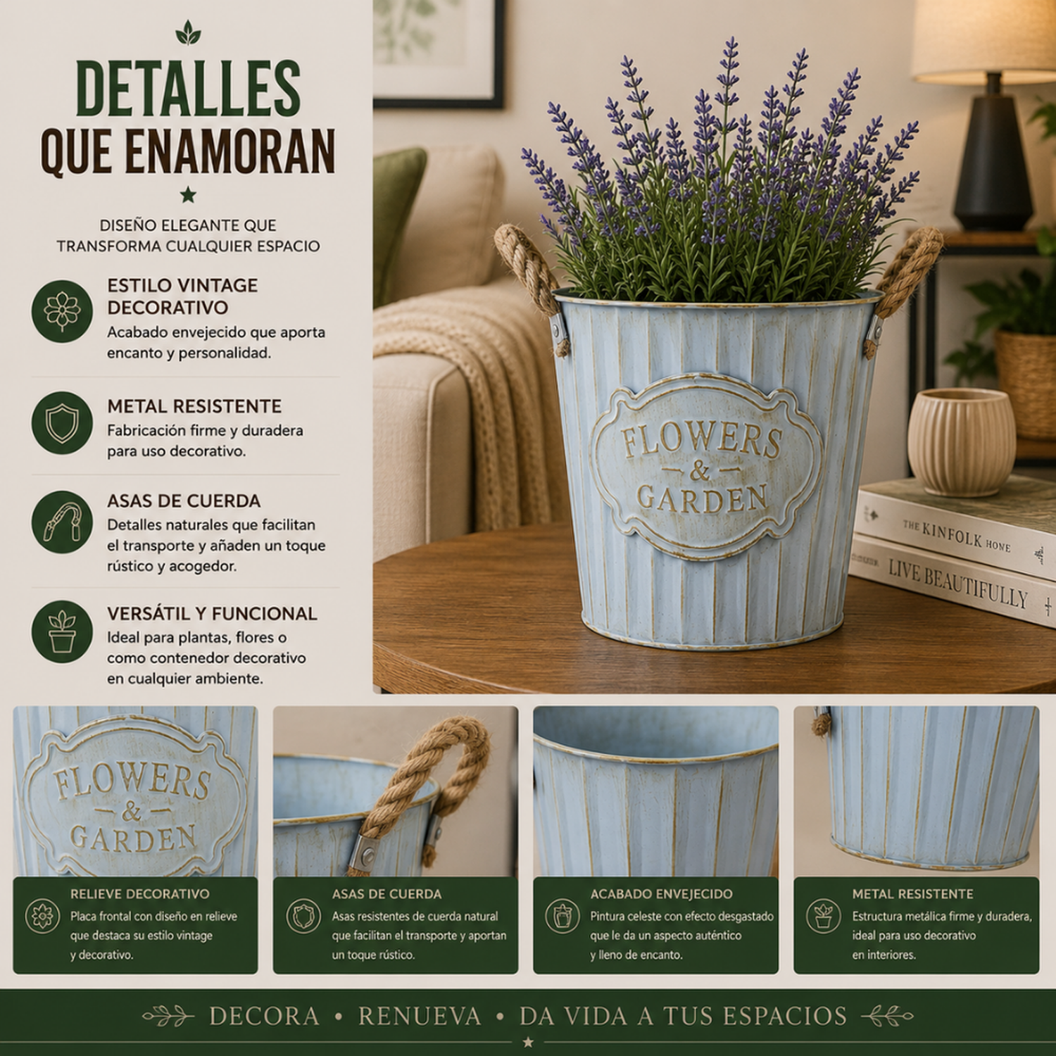 Macetero Metalico Celeste Decorativo Con Asas Jardín L-5
