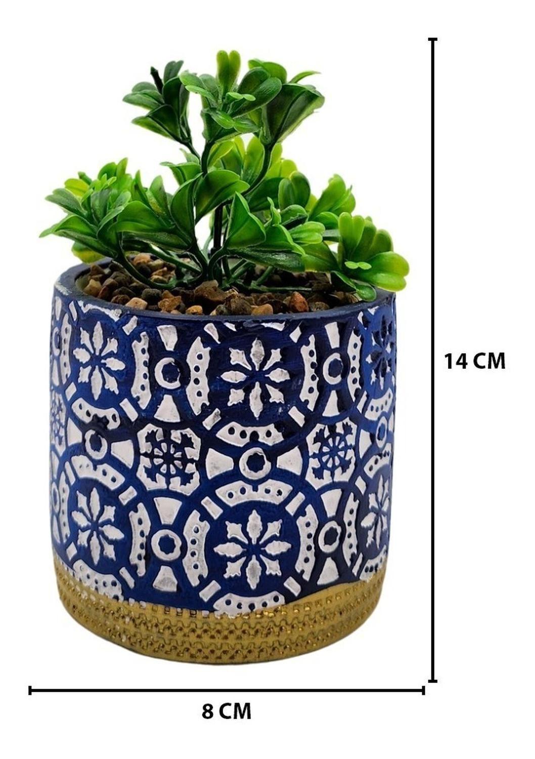 Planta Artificial Macetero Cerámica Antiguo Vintage Azul-2