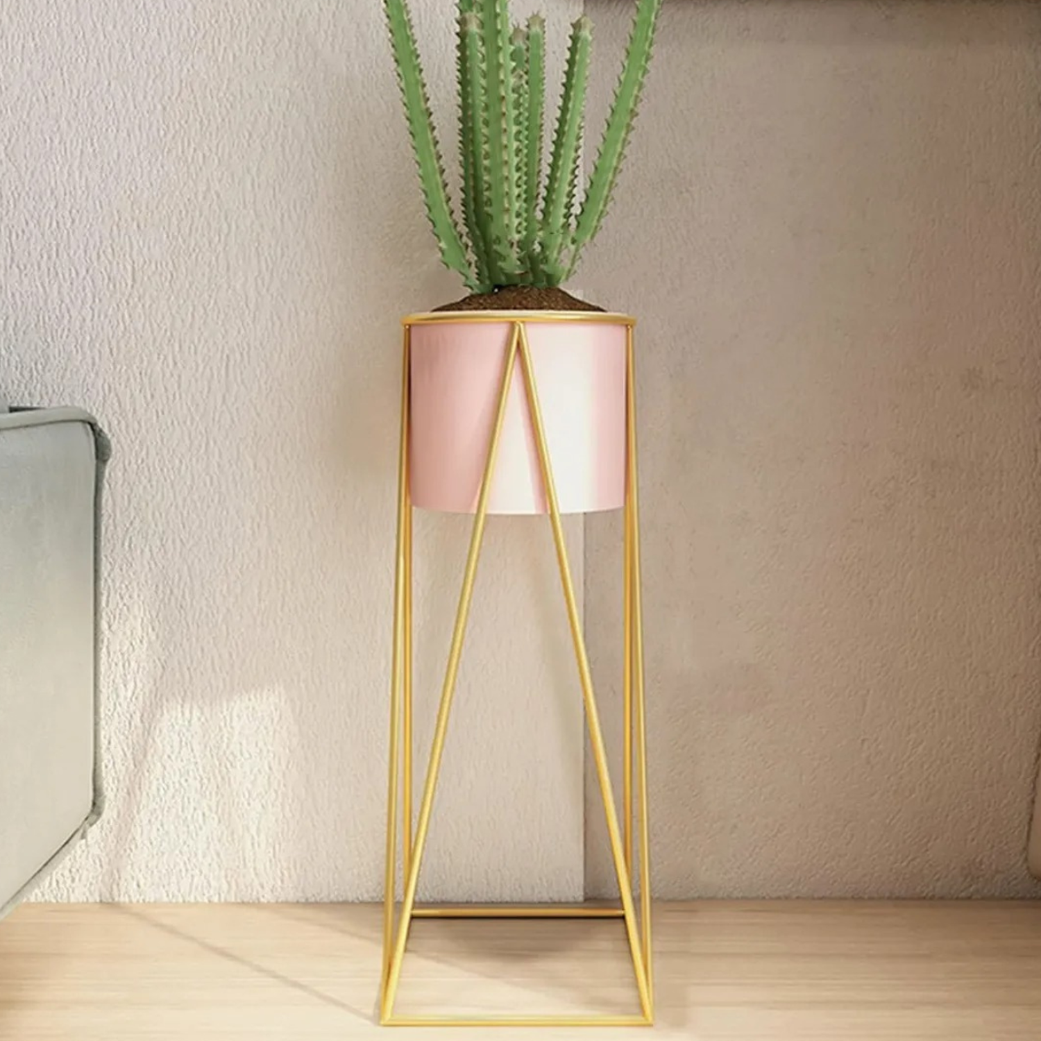 Porta Macetero Pedestal Maceta Plantas Rosado Dorado Mediano-4