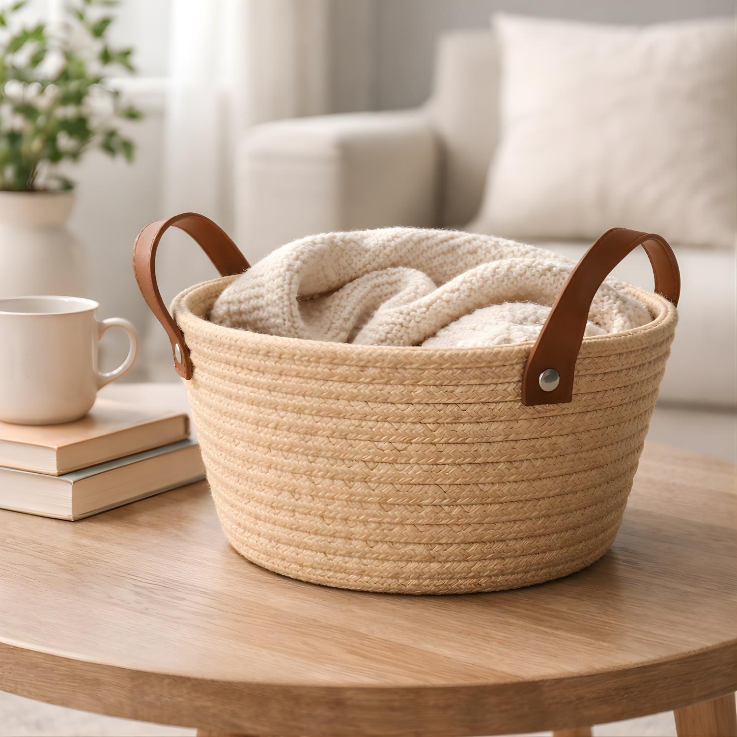 Cesta Canasto Organizador Yute Almacenamiento Beige Asas-3