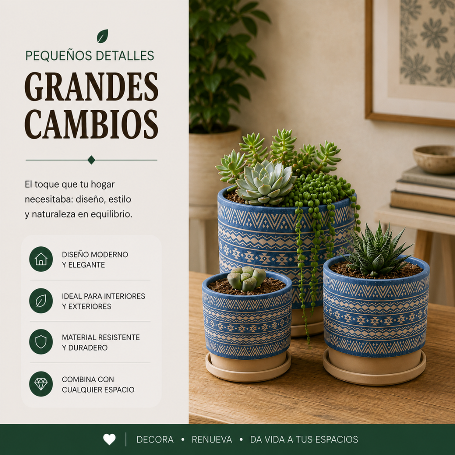 Set 3 Maceteros Maceta De Ceramica Azul Con Patrones Beige-4