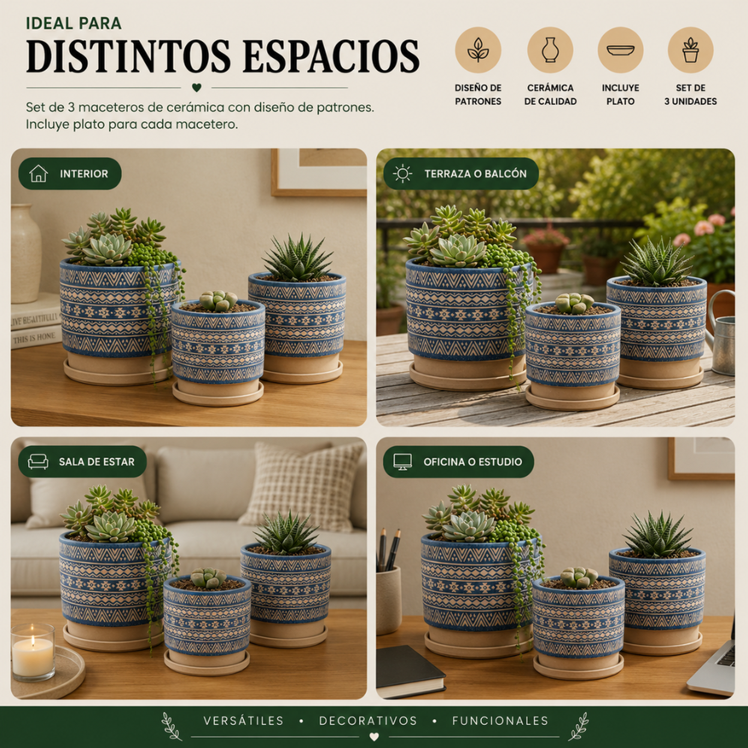 Set 3 Maceteros Maceta De Ceramica Azul Con Patrones Beige-5