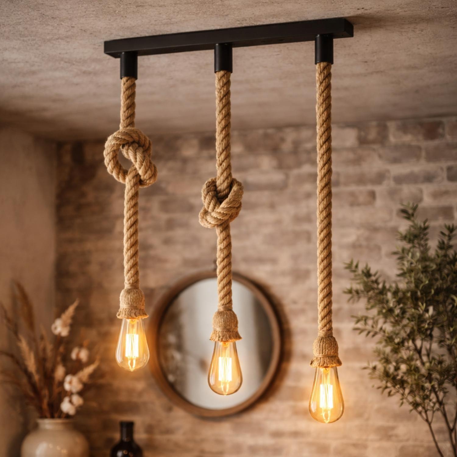 Set 3 Lampara Colgante De Techo Cuerda Vintage Rustica E27-4
