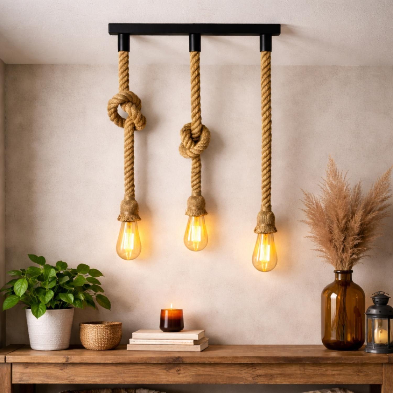 Set 3 Lampara Colgante De Techo Cuerda Vintage Rustica E27-5