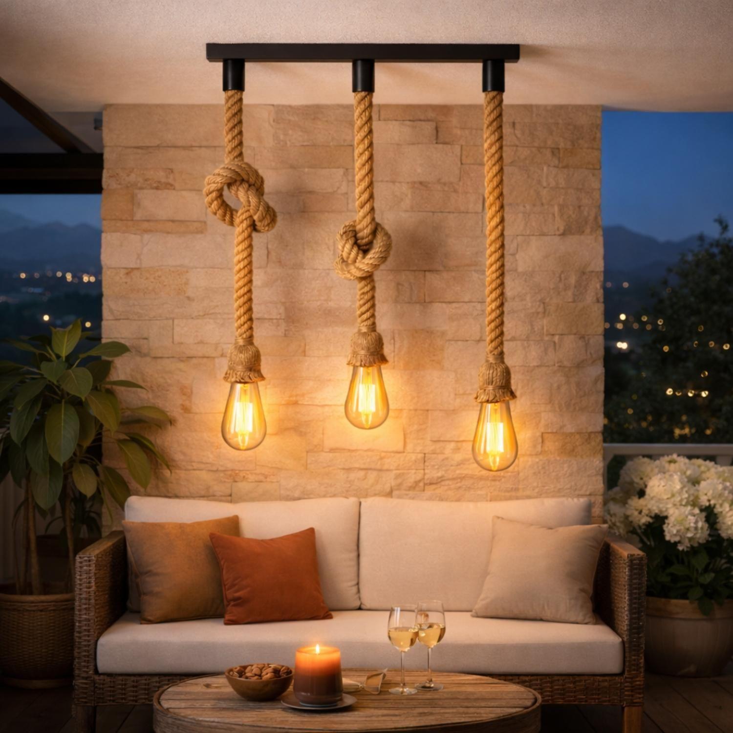 Set 3 Lampara Colgante De Techo Cuerda Vintage Rustica E27-7