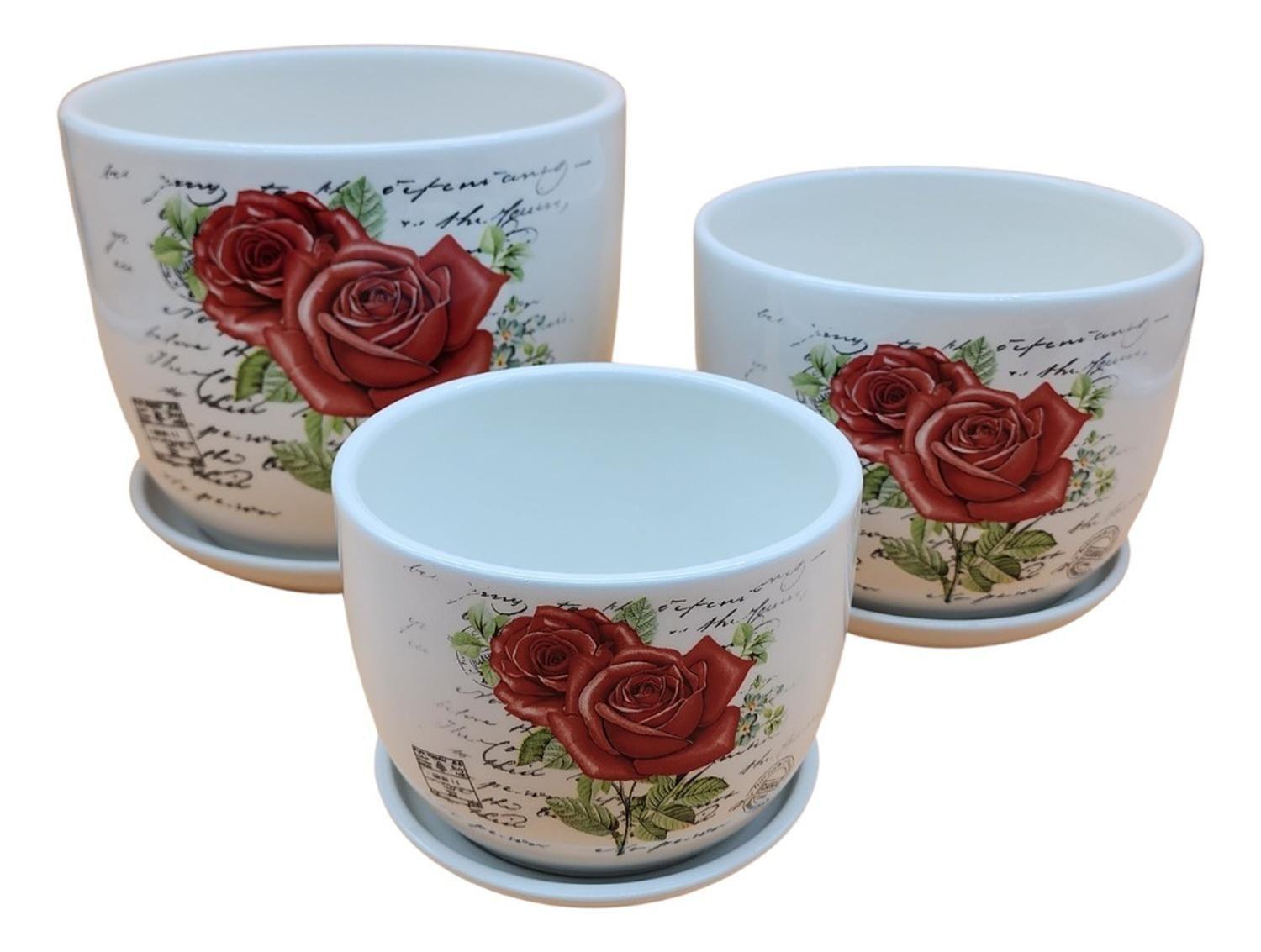 Set 3 Maceteros Maceta De Cerámica Blanco Diseño Rosas-1