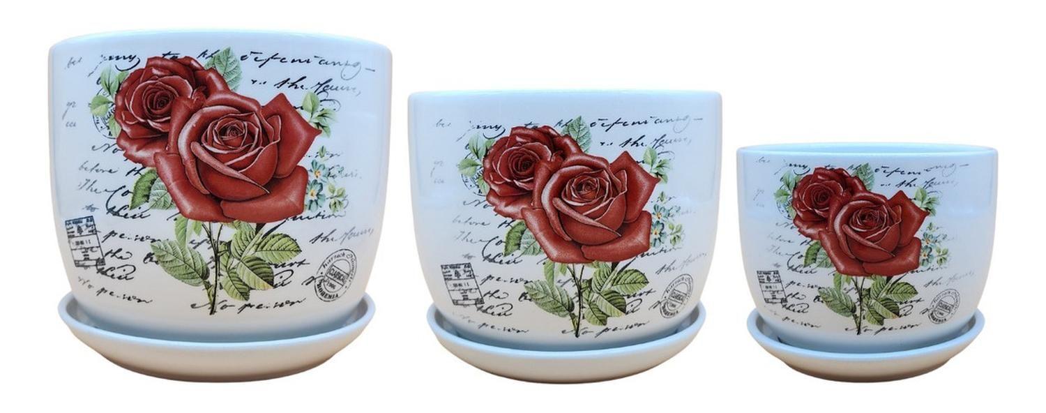 Set 3 Maceteros Maceta De Cerámica Blanco Diseño Rosas-3