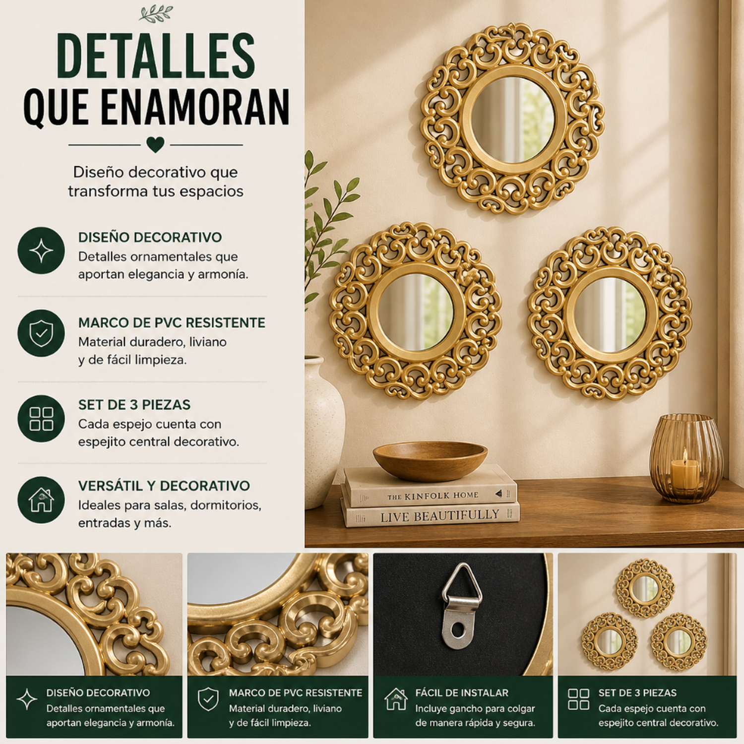 Set 3 Marcos De Espejos Estilo Arabe Decorativo Dorado Deco-7