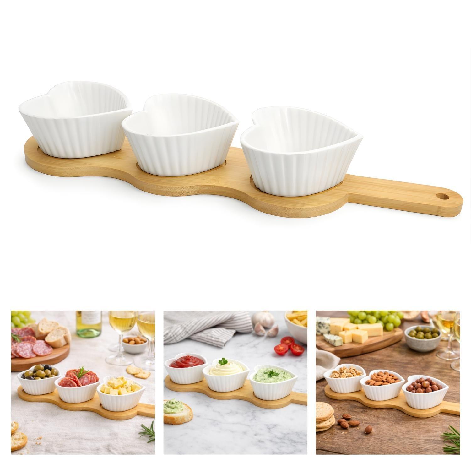 Tabla De Picoteo Madera 3 Pocillos Porcelana Cocktail Salsa-0