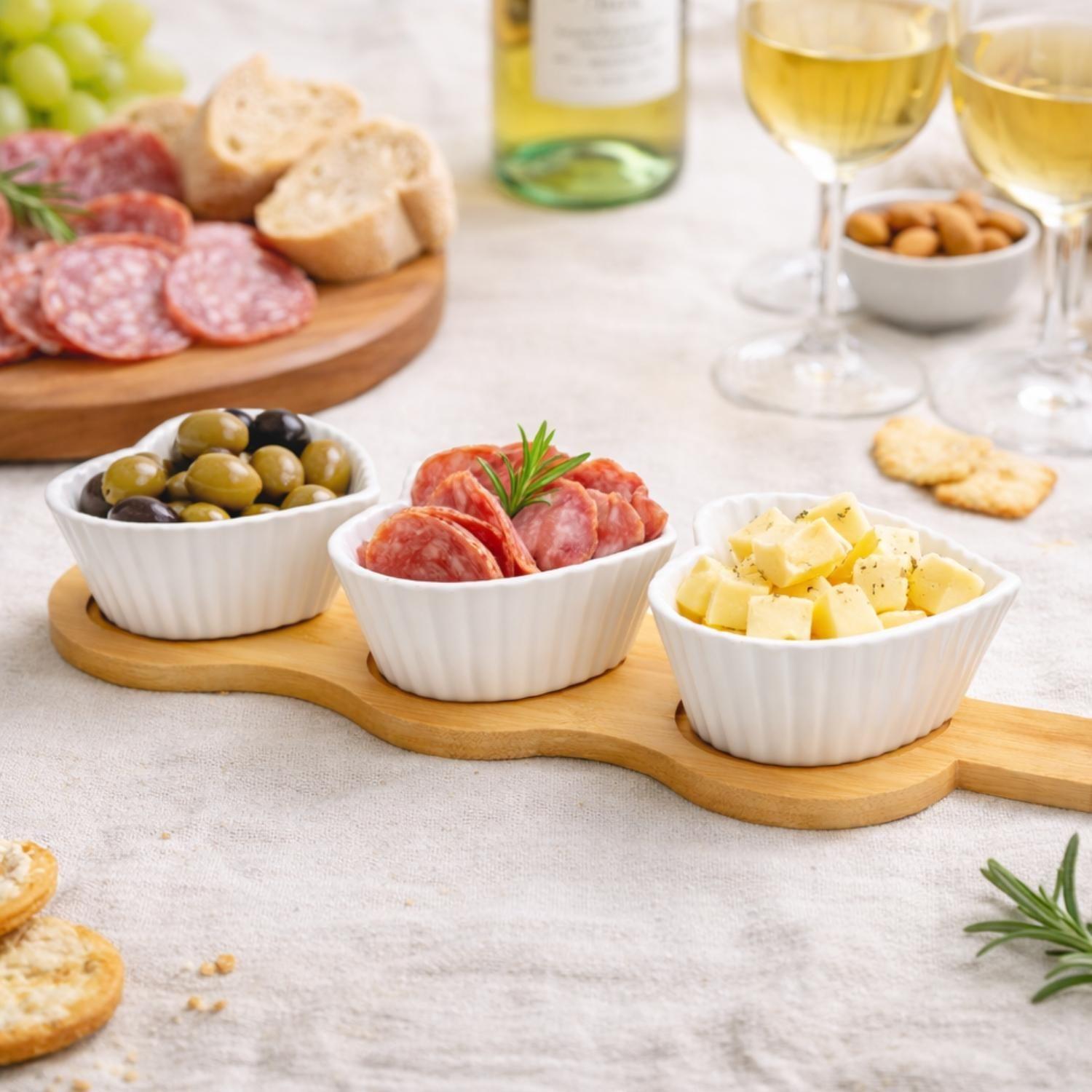 Tabla De Picoteo Madera 3 Pocillos Porcelana Cocktail Salsa-2