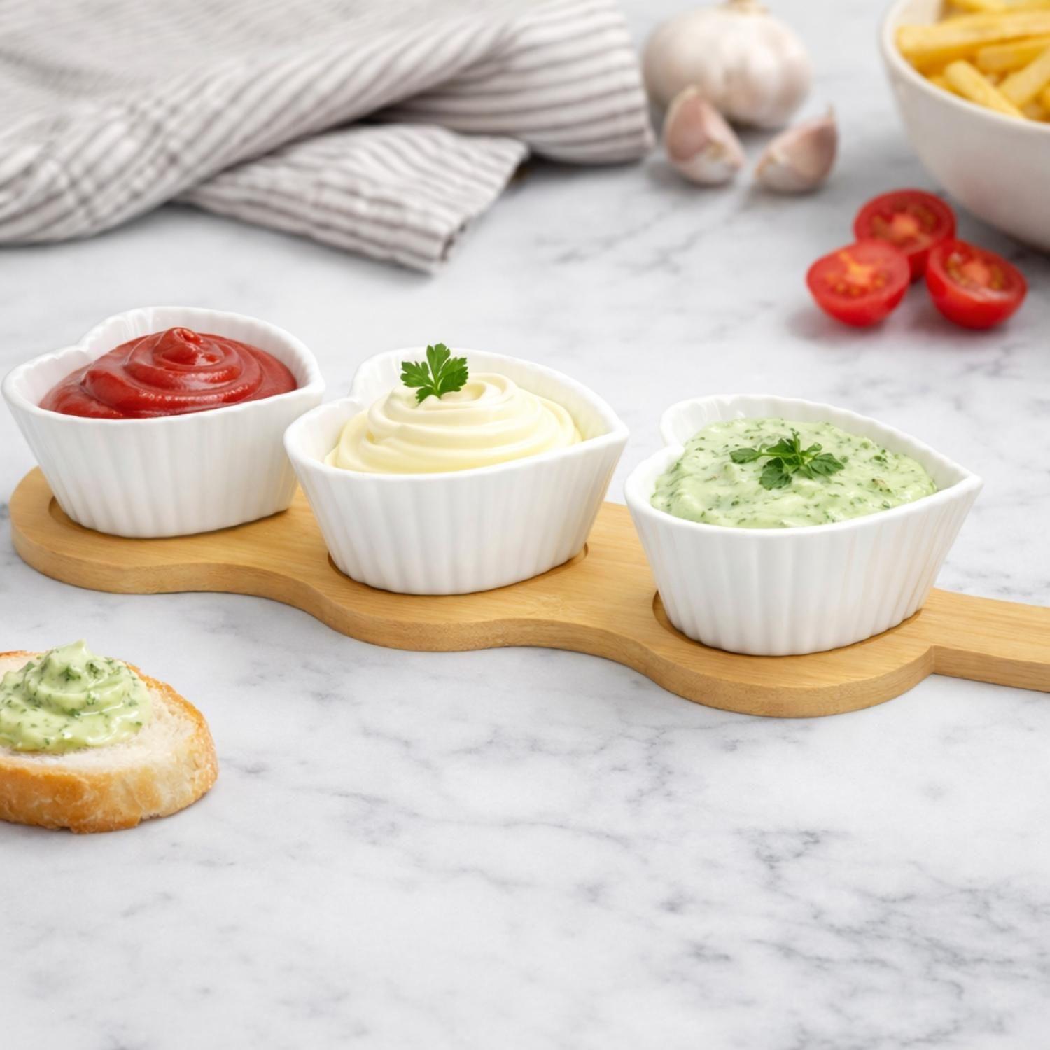 Tabla De Picoteo Madera 3 Pocillos Porcelana Cocktail Salsa-3