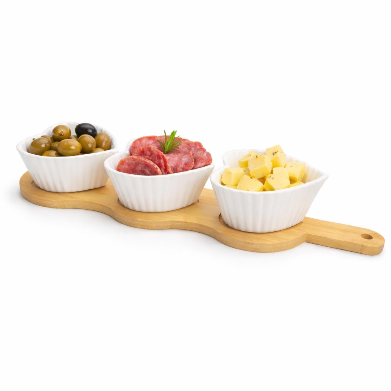 Tabla De Picoteo Madera 3 Pocillos Porcelana Cocktail Salsa-7
