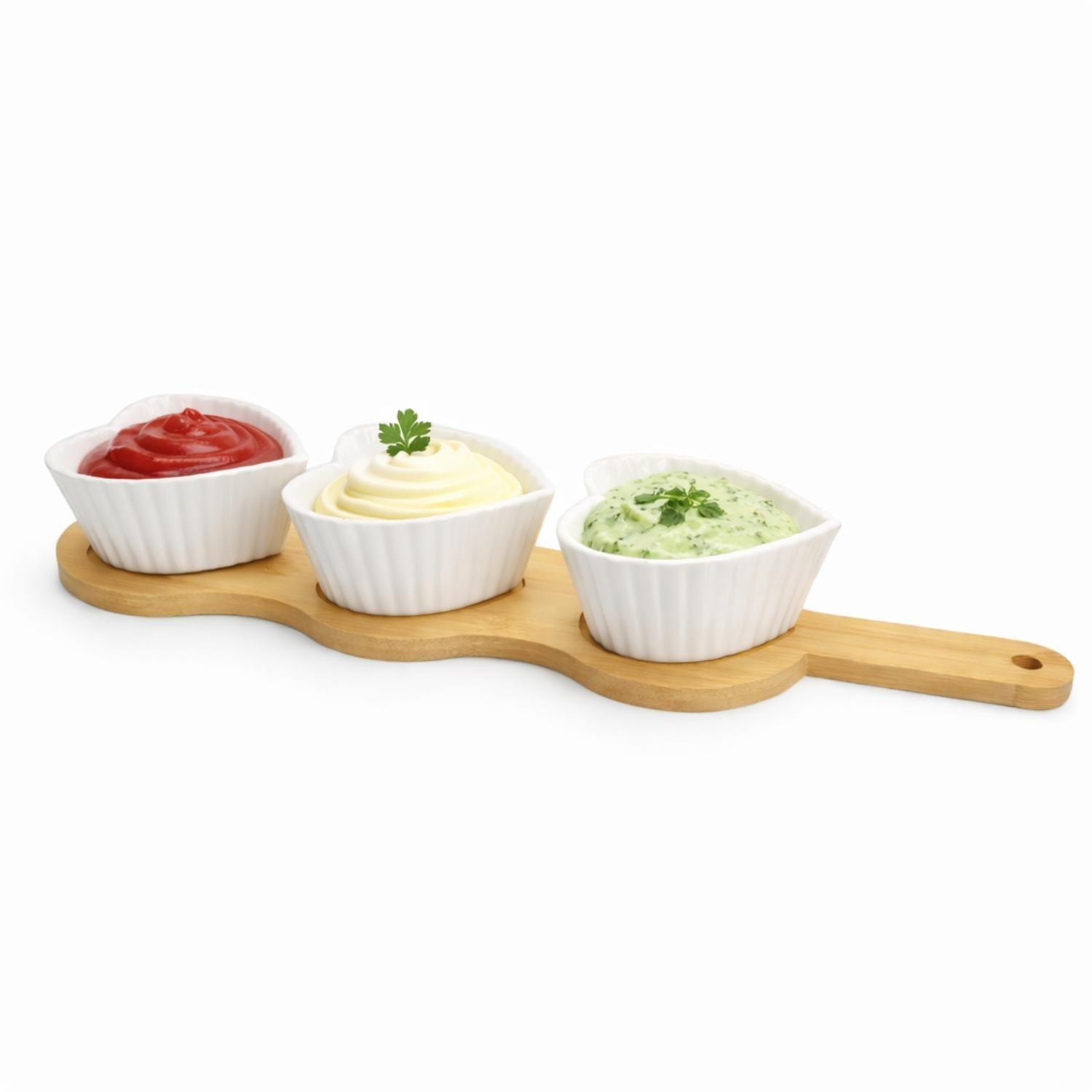 Tabla De Picoteo Madera 3 Pocillos Porcelana Cocktail Salsa-8