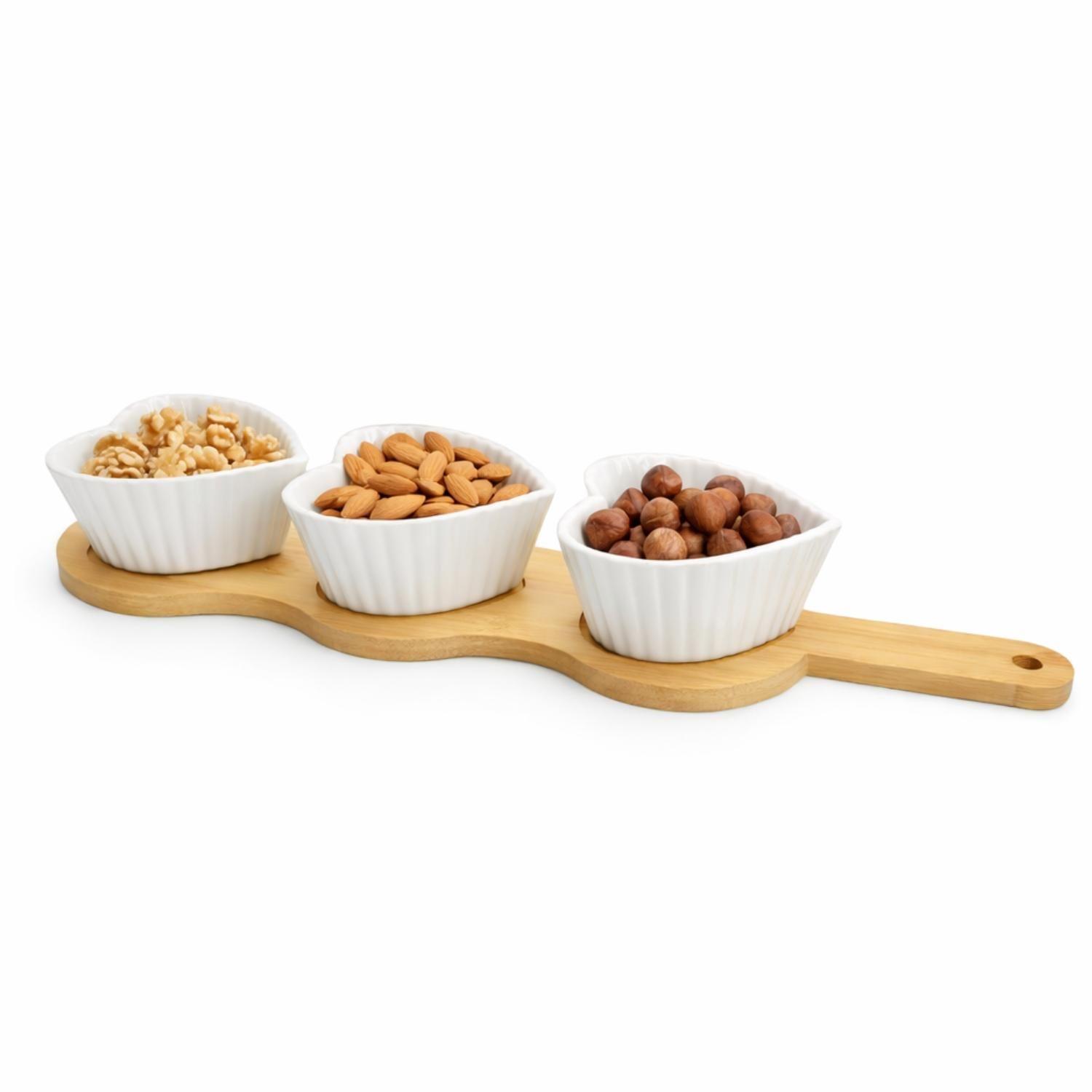Tabla De Picoteo Madera 3 Pocillos Porcelana Cocktail Salsa-9