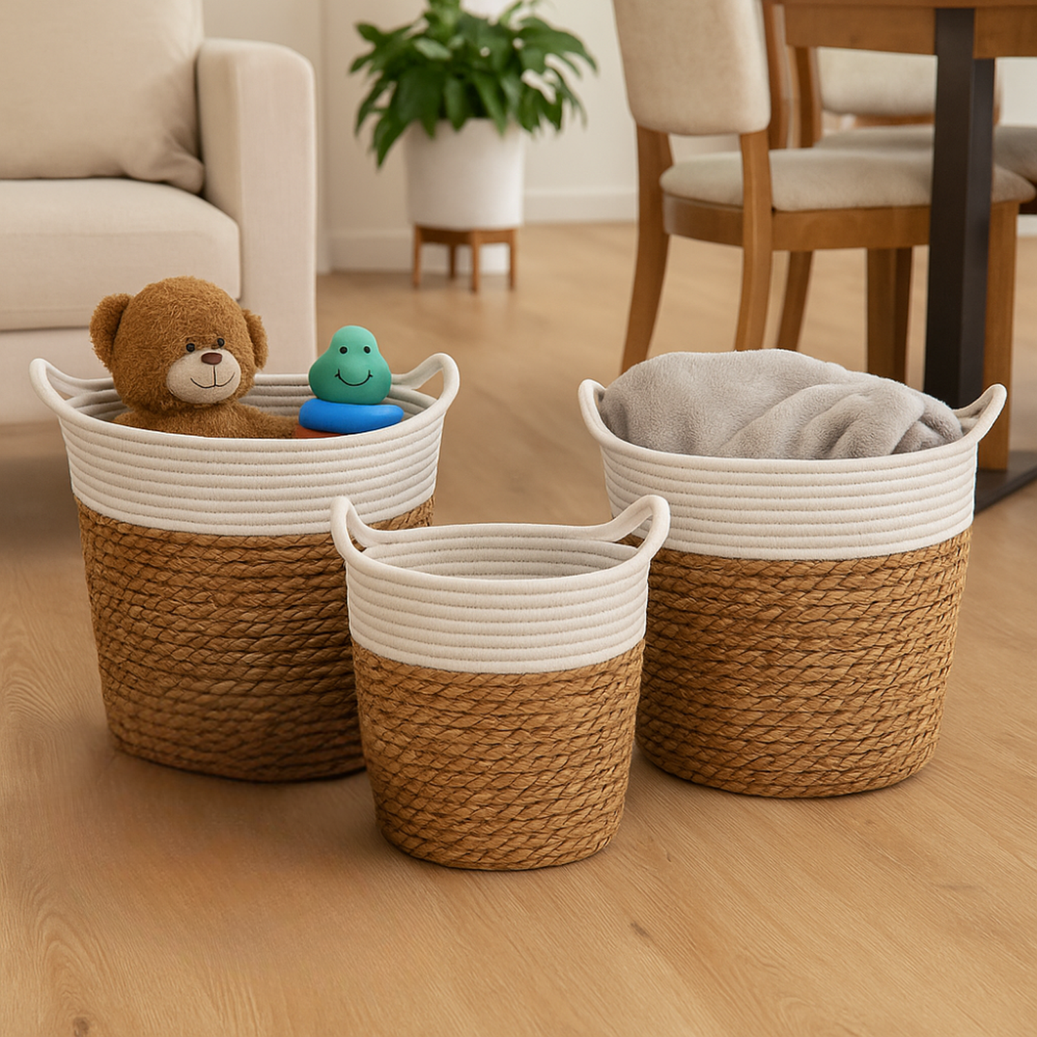 Canasto Cesta Yute Algodón Tejido Estilo Rustico Con Asas S-6