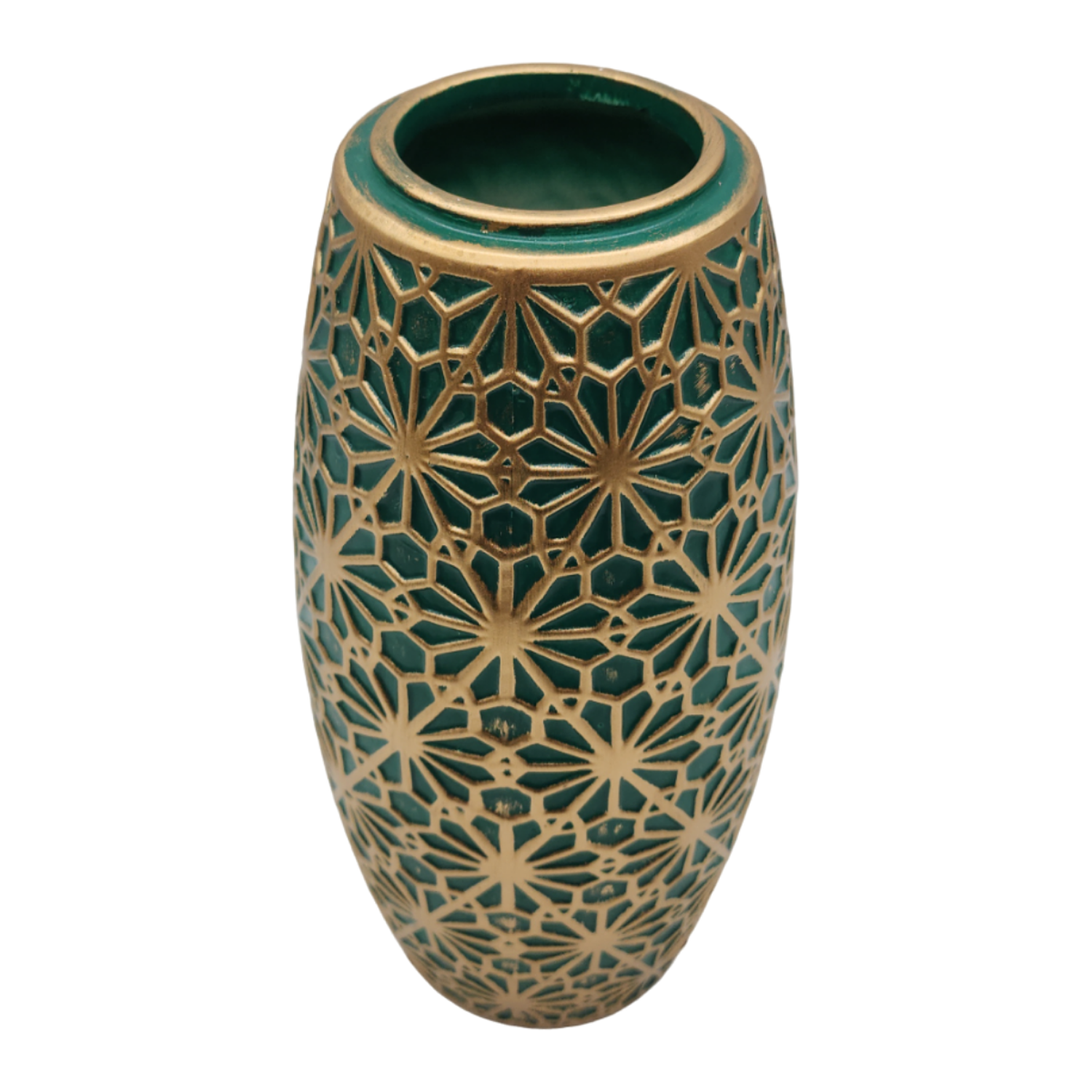 Jarron Florero Ceramica Verde Patrones En Dorado Alargado-6