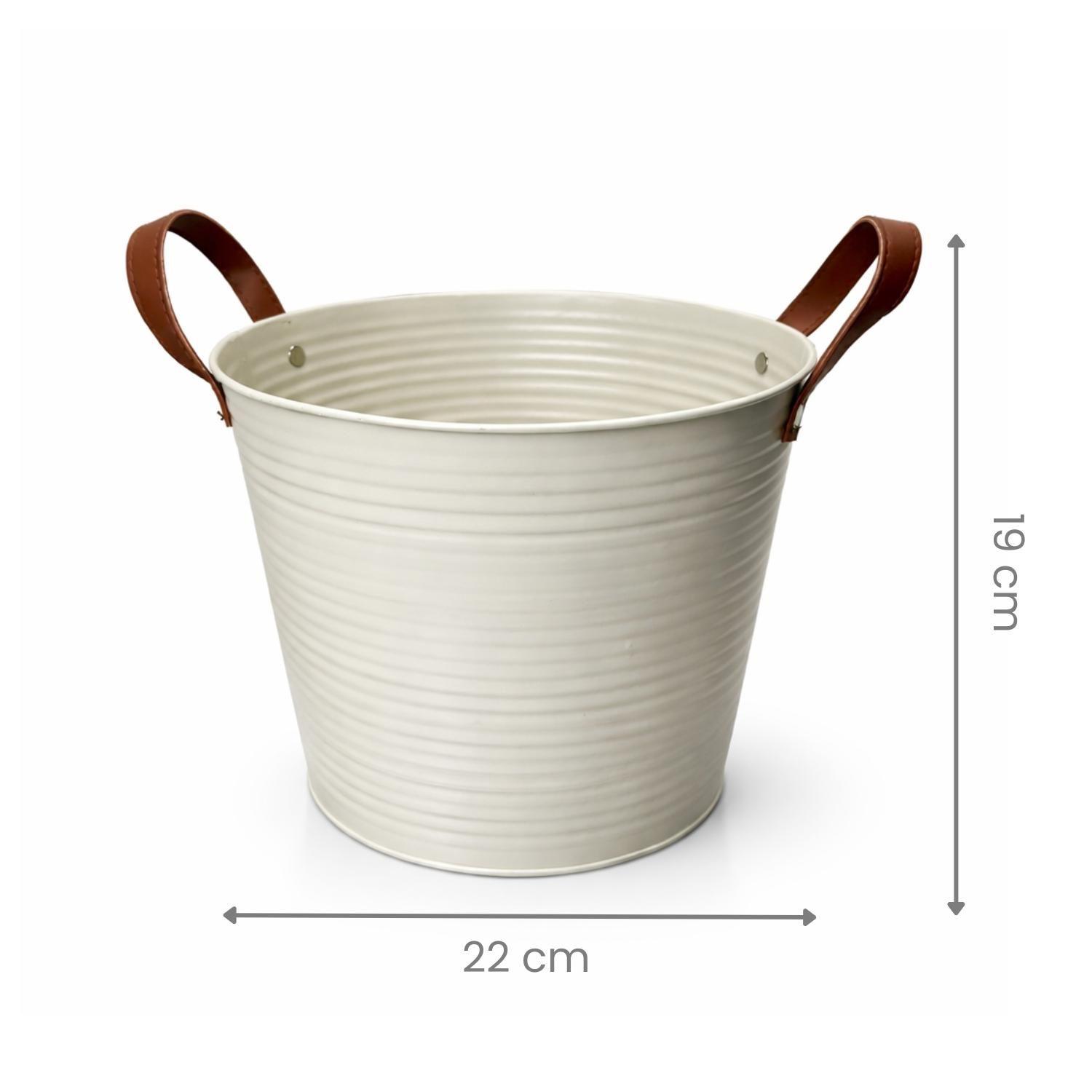 Macetero Maceta Balde Metal Blanco Decorativo Asas Cuero-3