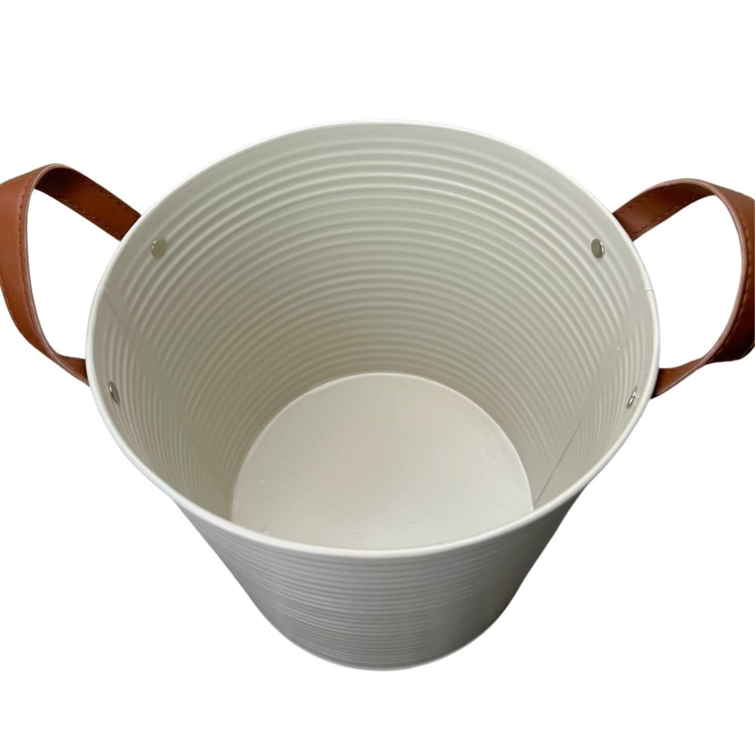 Macetero Maceta Balde Metal Blanco Decorativo Asas Cuero-4