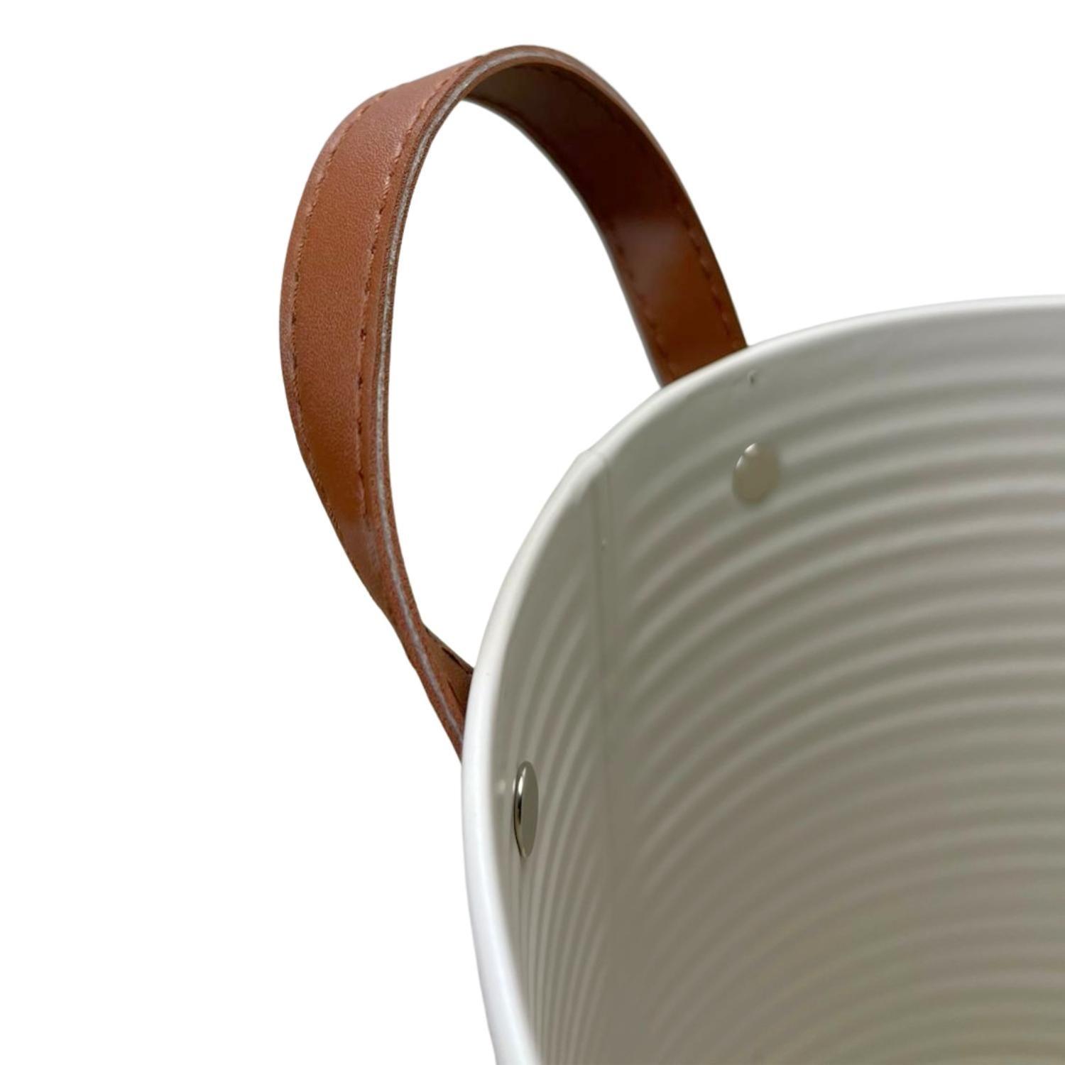 Macetero Maceta Balde Metal Blanco Decorativo Asas Cuero-5