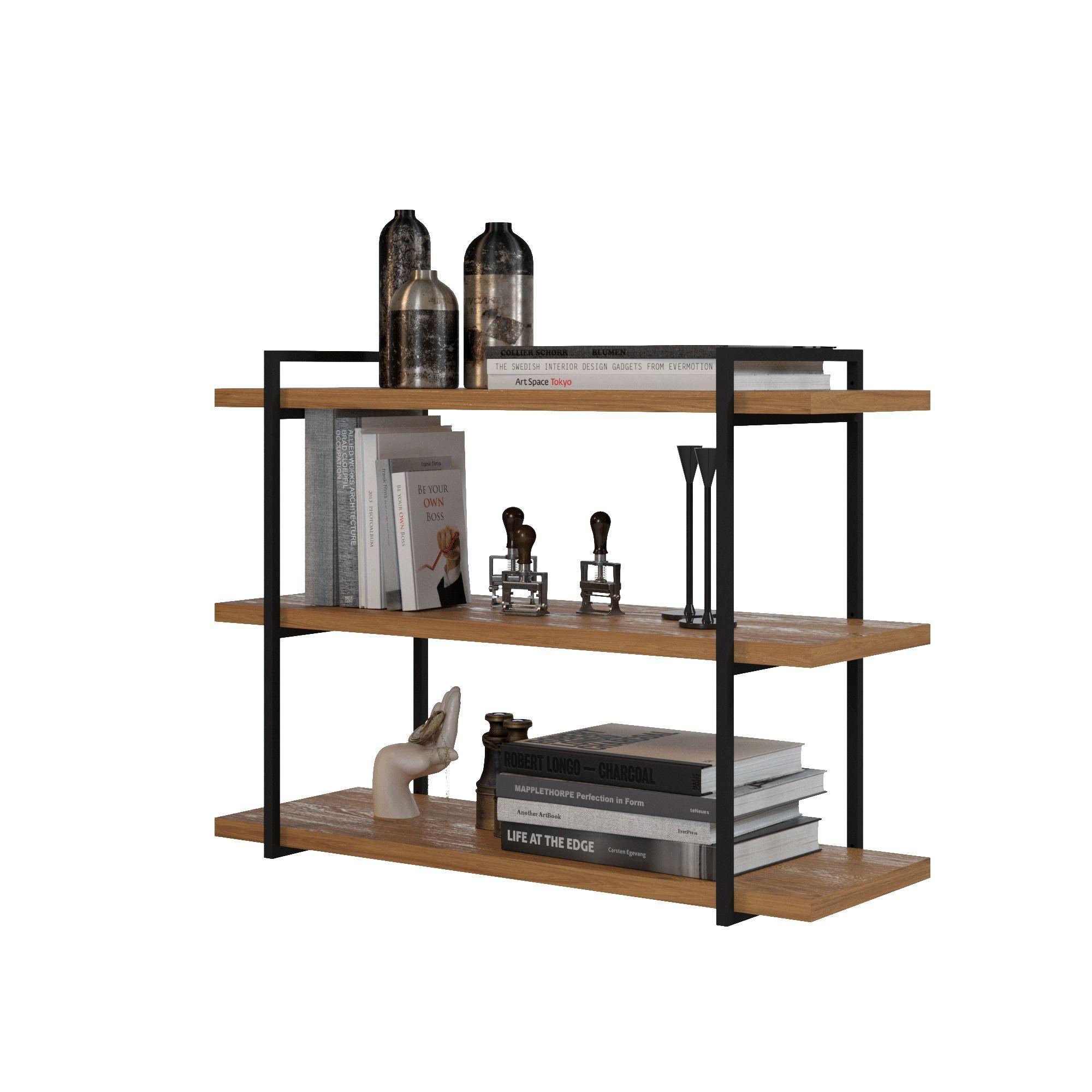 Repisa 25 mm 3 Niveles Color Roble Natural con Estructura Fierro Negro-2