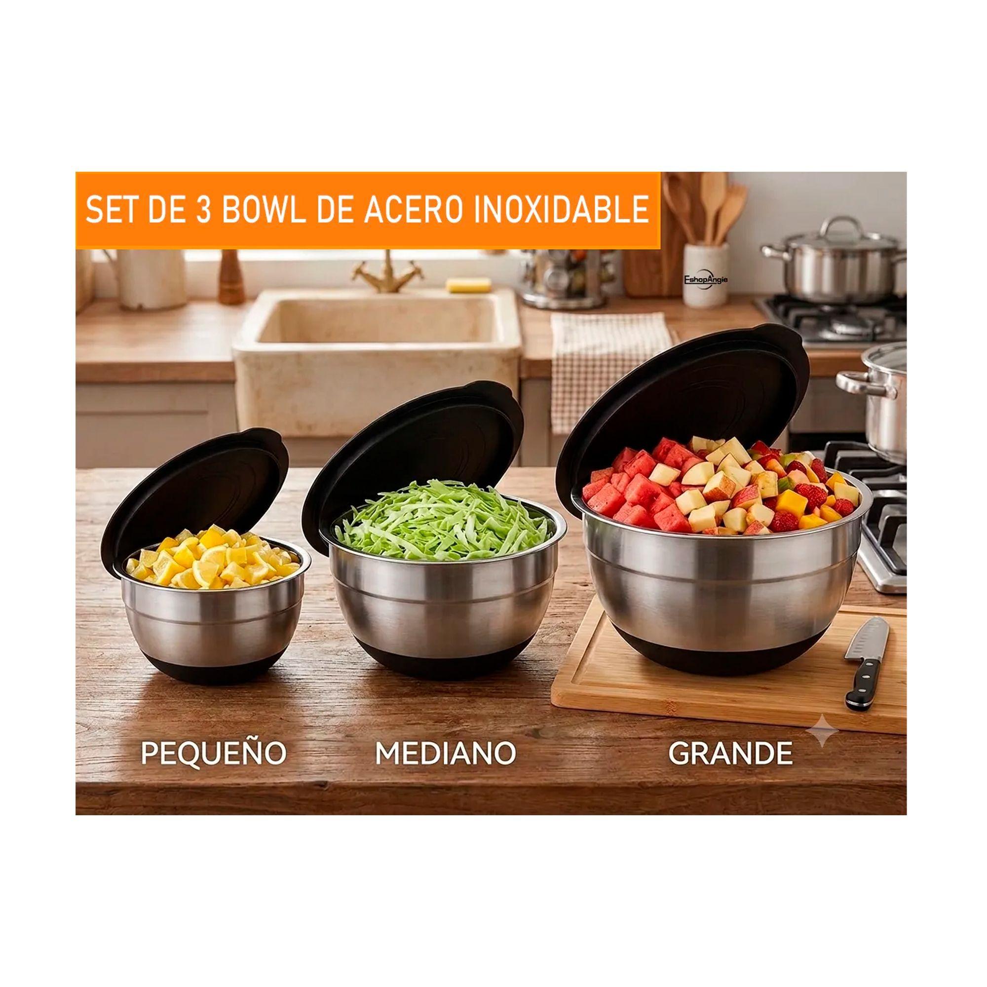 3 Bowls Con Tapa Acero Inoxidable Y Base Antideslizante-3