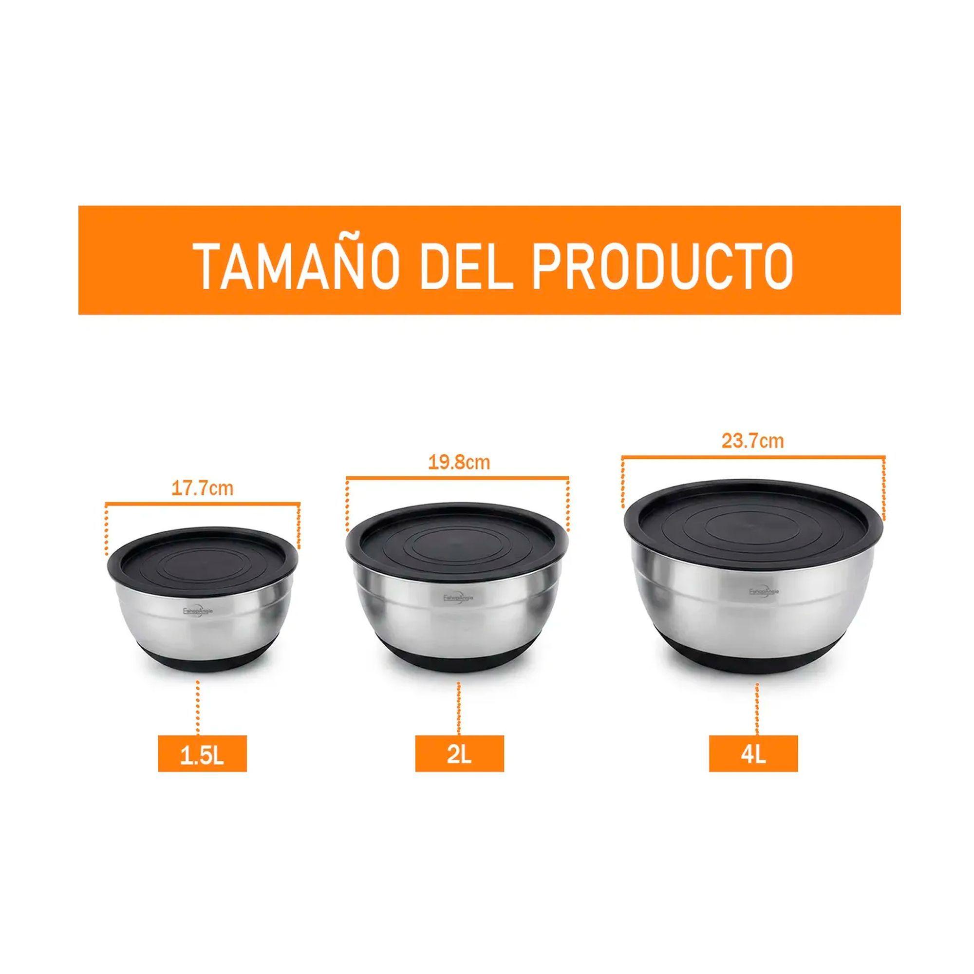 3 Bowls Con Tapa Acero Inoxidable Y Base Antideslizante-5