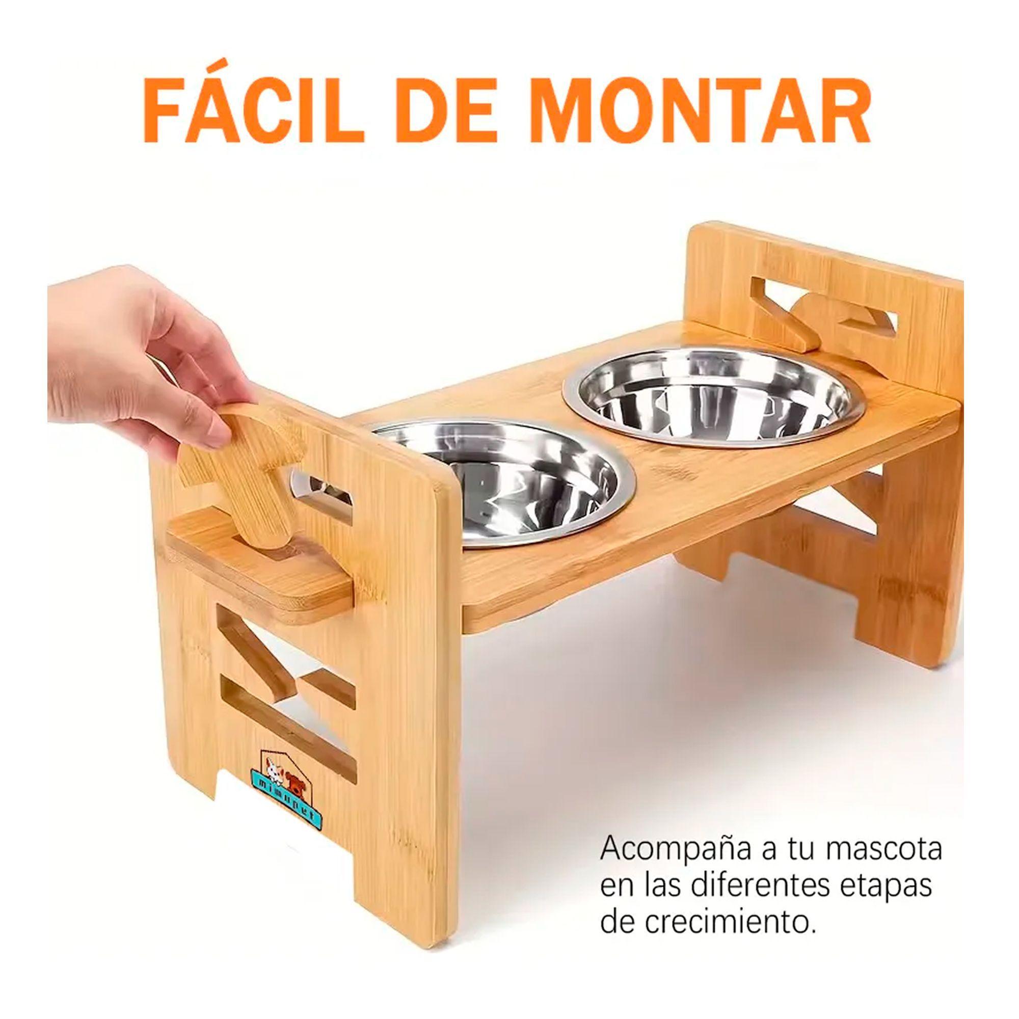 Comedero Bebedero Elevado Ajustable De Bambu Perros Y Gatos -3