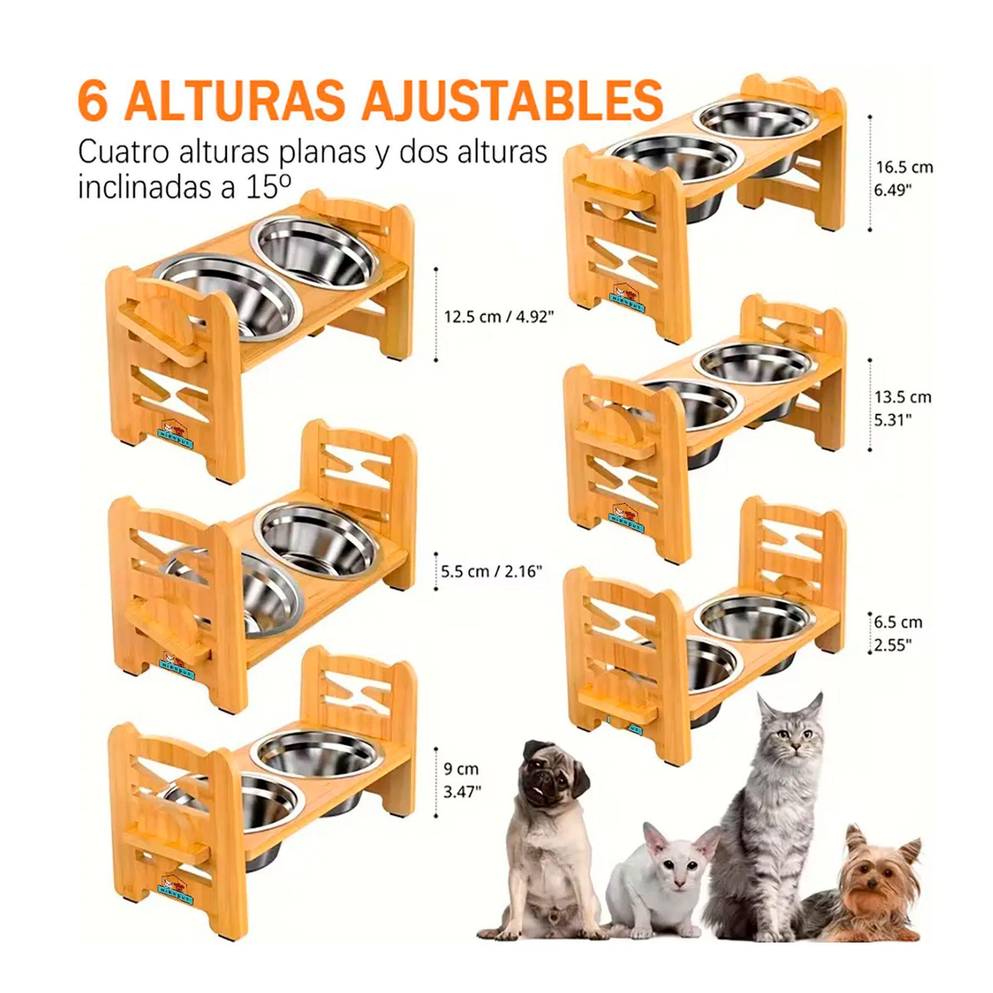 Comedero Bebedero Elevado Ajustable De Bambu Perros Y Gatos -4