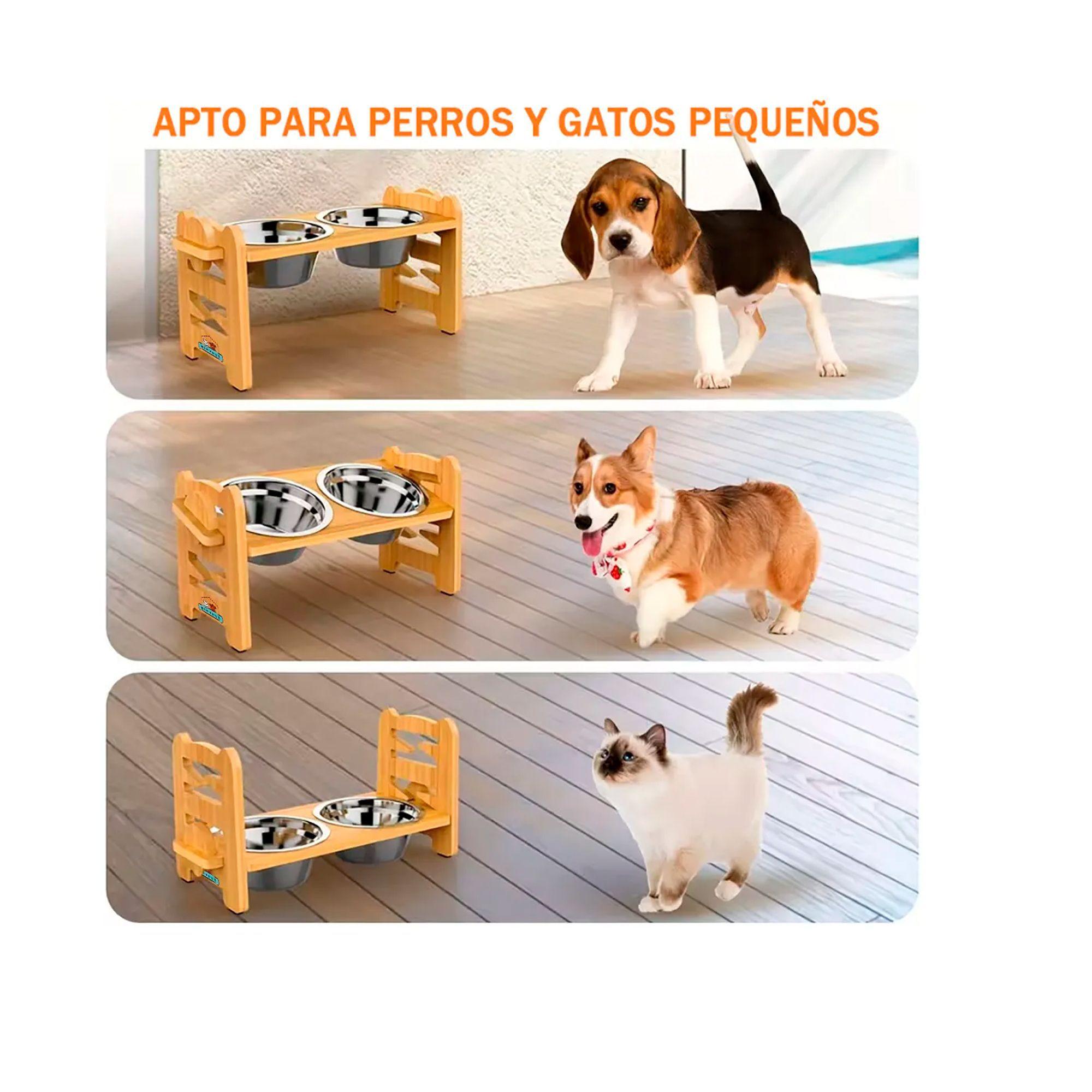 Comedero Bebedero Elevado Ajustable De Bambu Perros Y Gatos -6